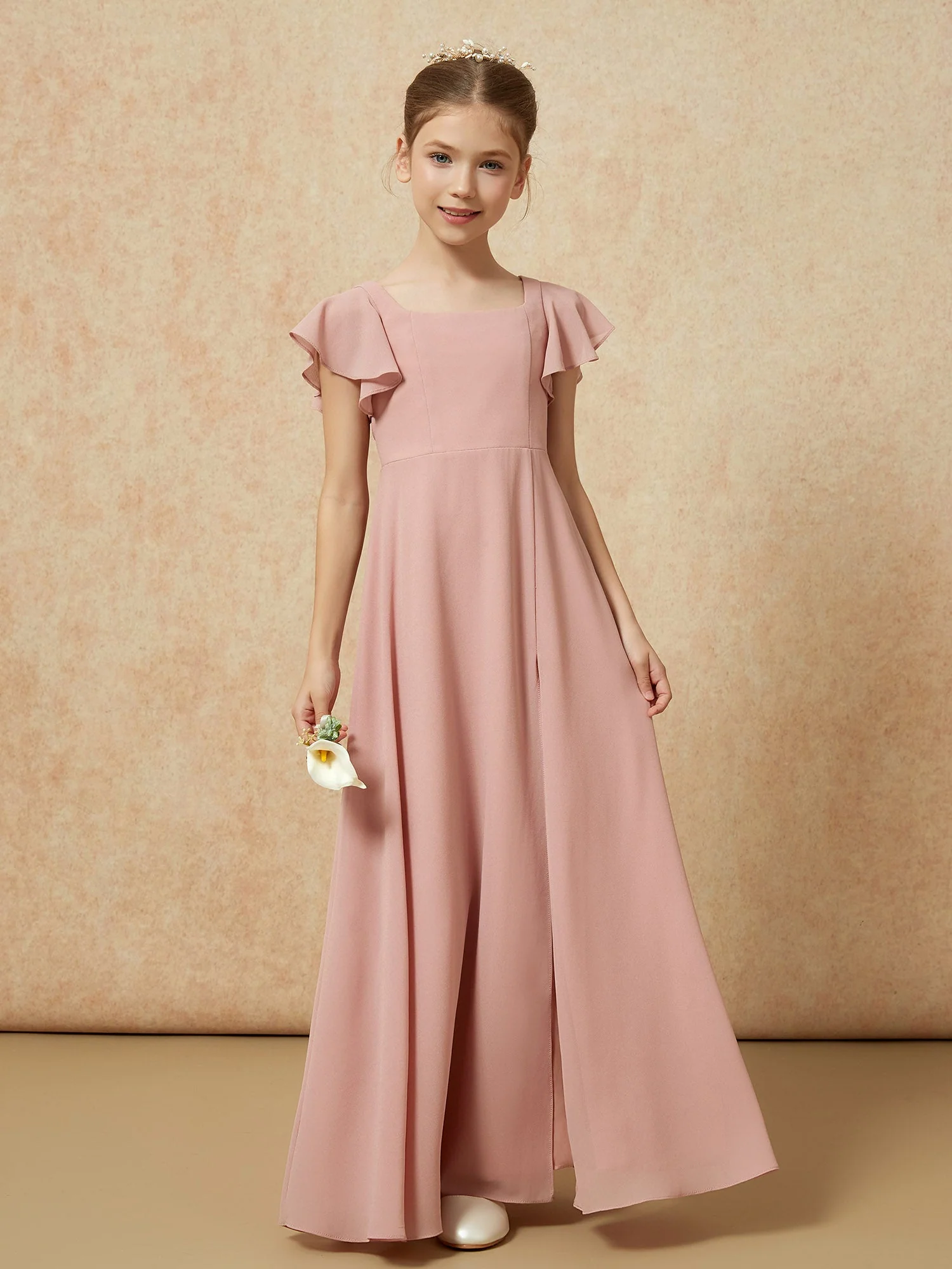 Flatterärmel Lang Junge Brautjungfernkleider mit Schlitz Staubige Rosa - Image 4