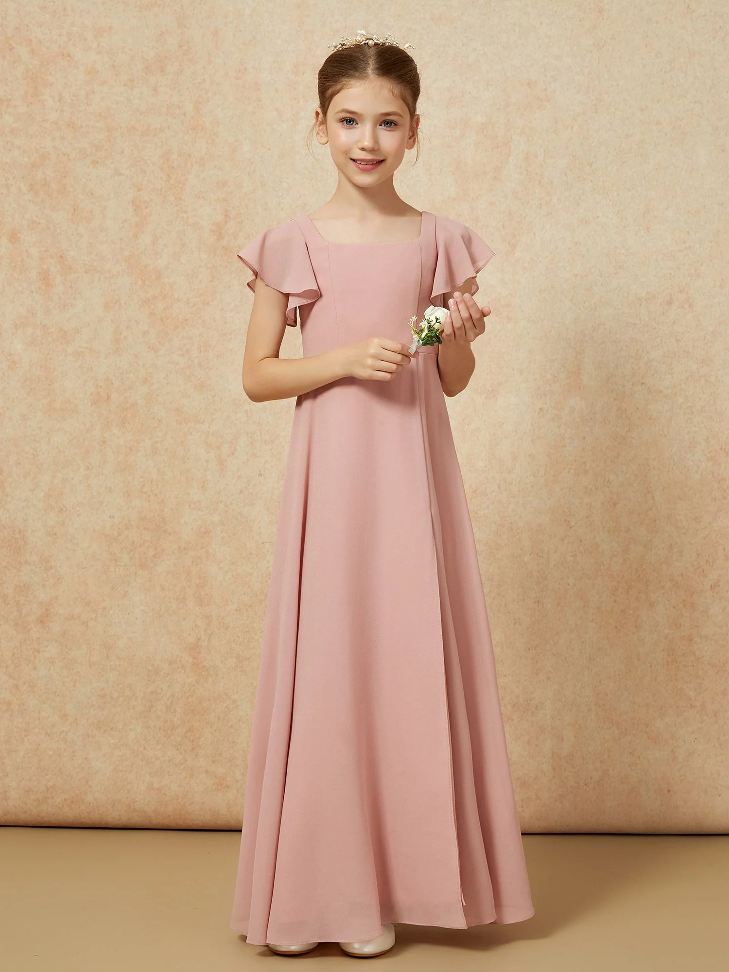Flatterärmel Lang Junge Brautjungfernkleider mit Schlitz Staubige Rosa - Image 5