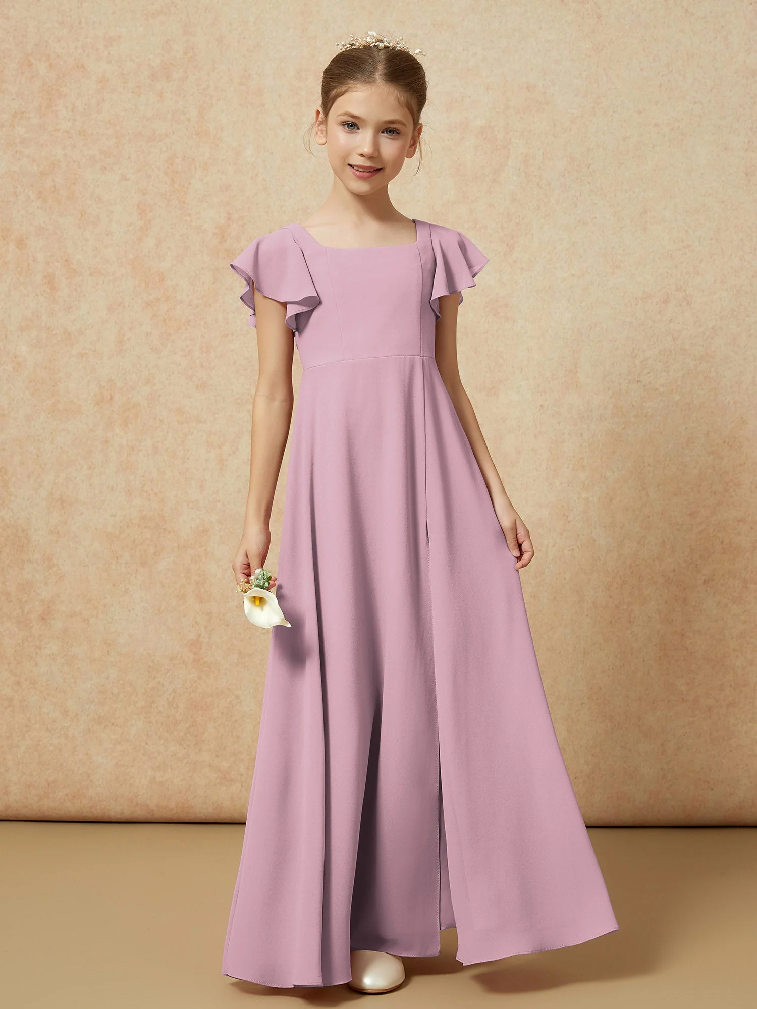 Flatterärmel Lang Junge Brautjungfernkleider mit Schlitz Vintage Mauve - Image 4