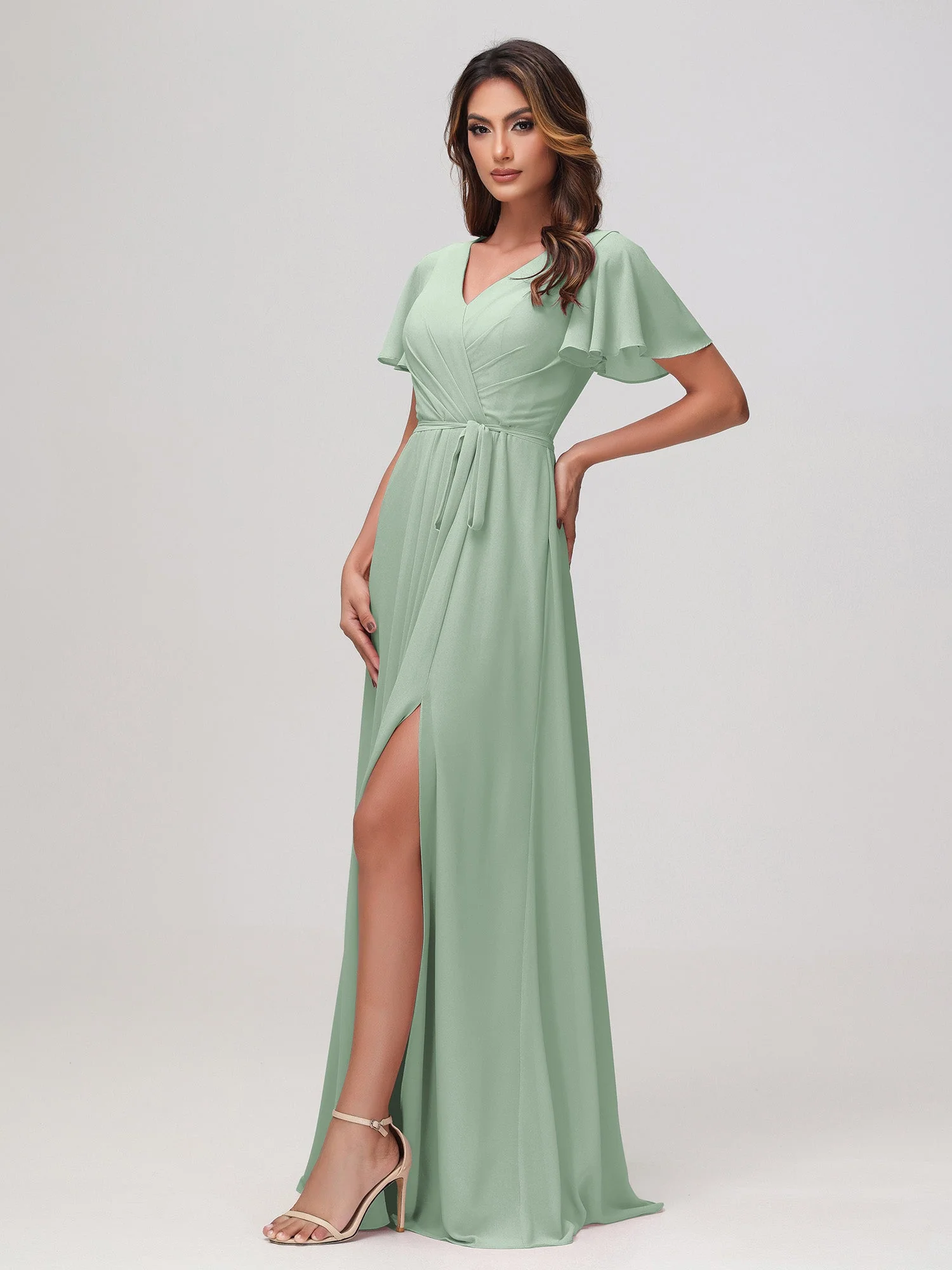 Flatterärmel Rüschen Chiffon Kleid mit Gürtel Agavengrün - Image 3