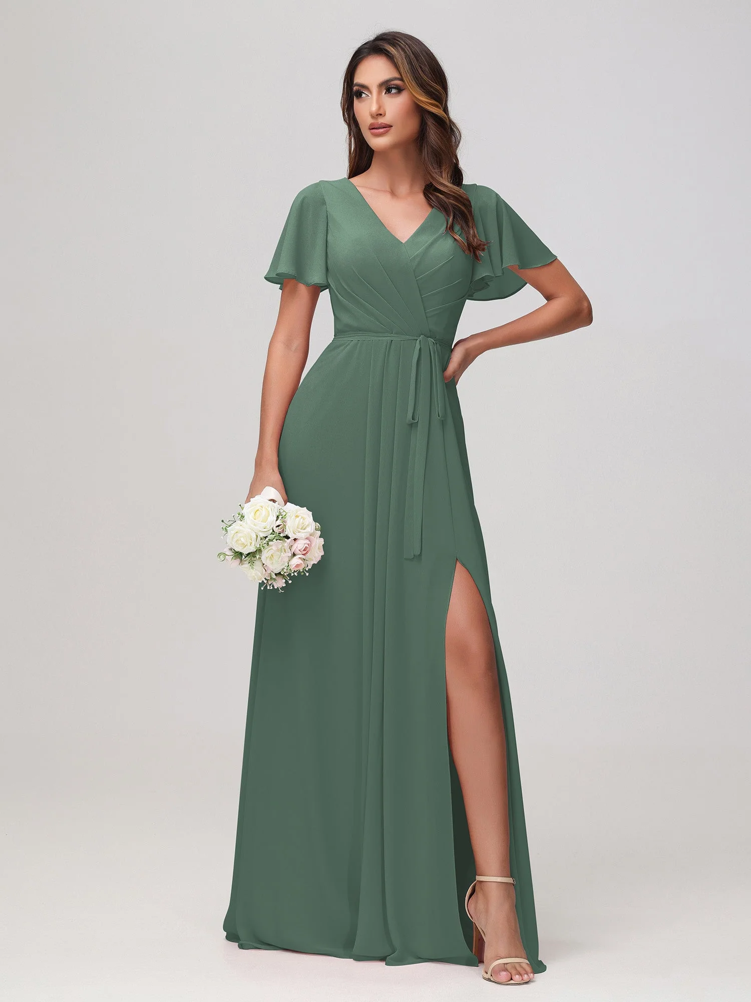 Flatterärmel Rüschen Chiffon Kleid mit Gürtel Eukalyptus
