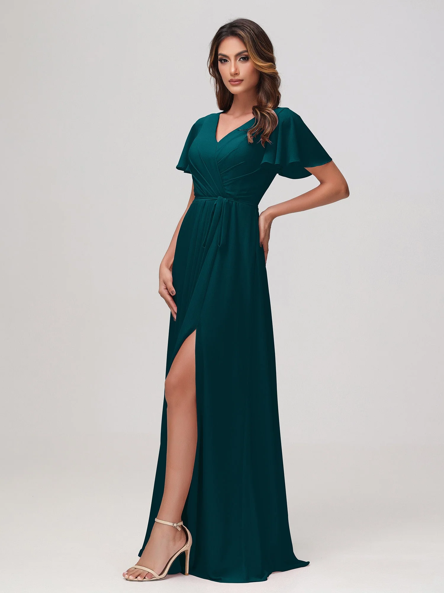 Flatterärmel Rüschen Chiffon Kleid mit Gürtel Kieferngrün - Image 3