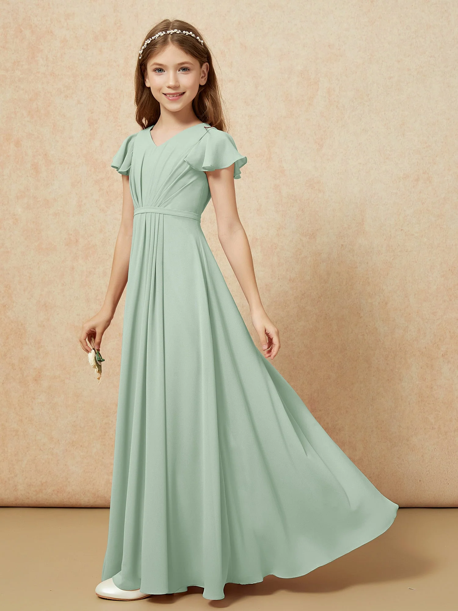 Flatterärmel V-Ausschnitt Chiffon Junge Brautjungfernkleider Agavengrün - Image 3