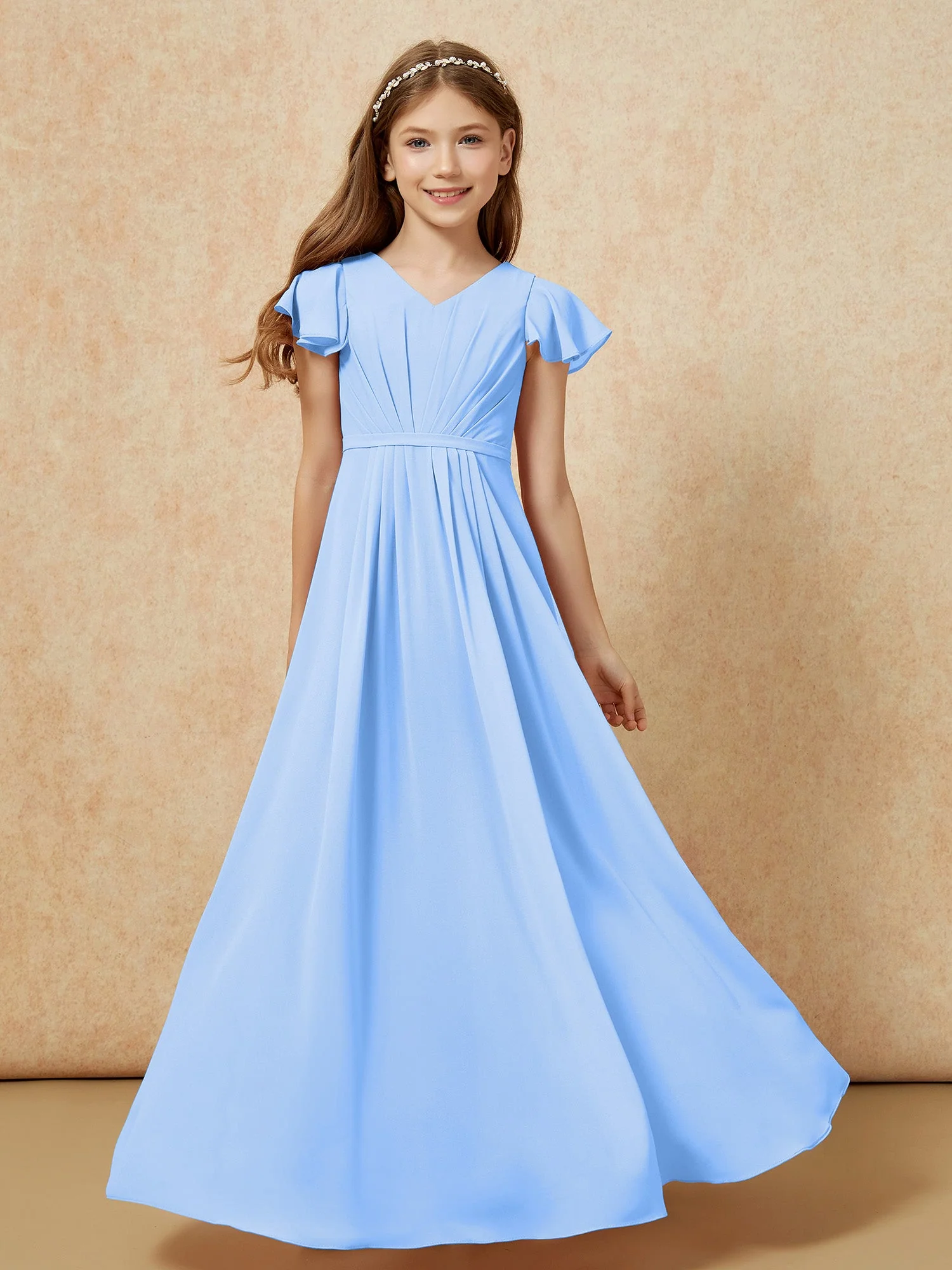FlatterÀrmel V-Ausschnitt Chiffon Junge Brautjungfernkleider Blau