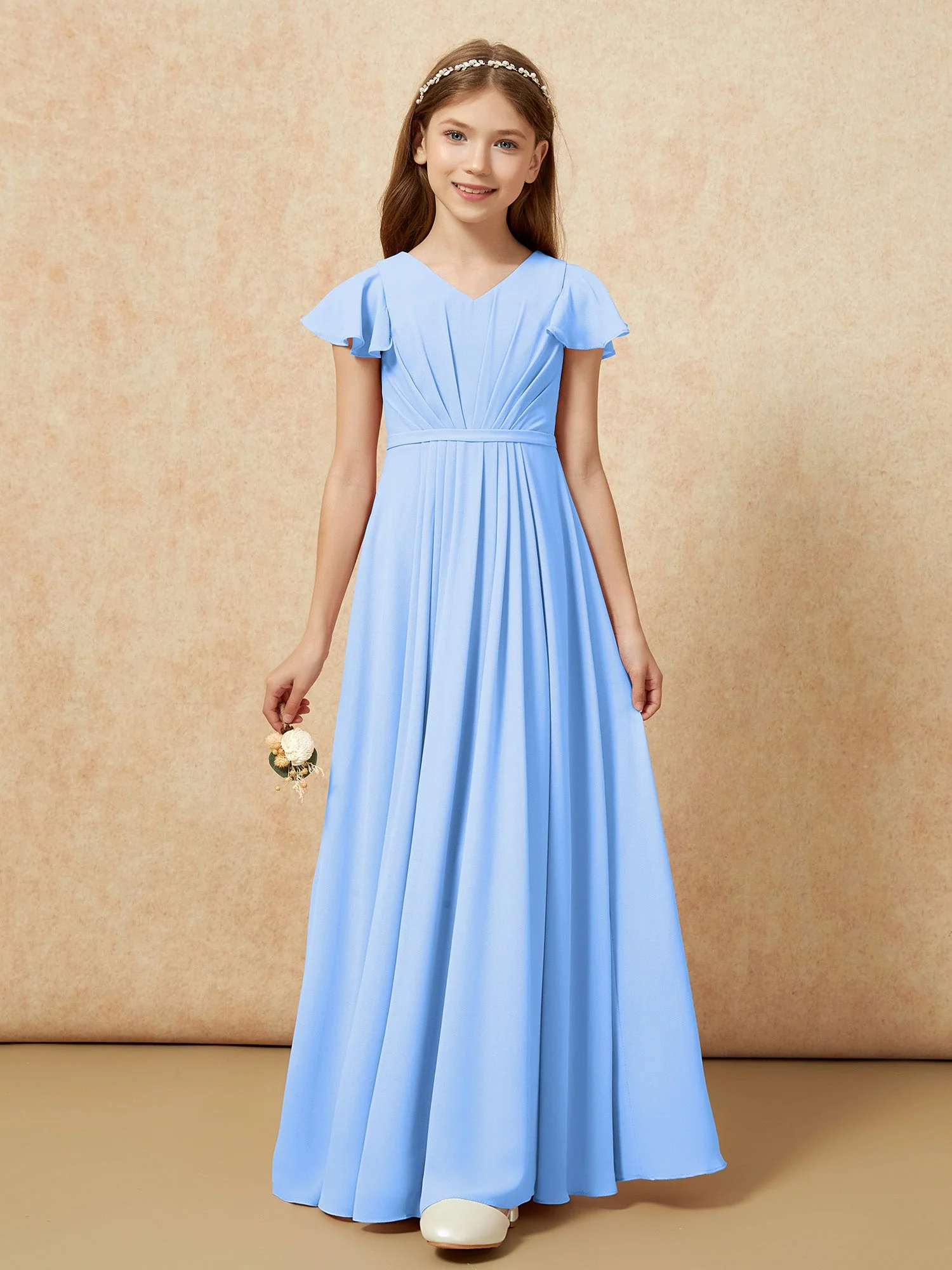 FlatterÀrmel V-Ausschnitt Chiffon Junge Brautjungfernkleider Blau - Image 6