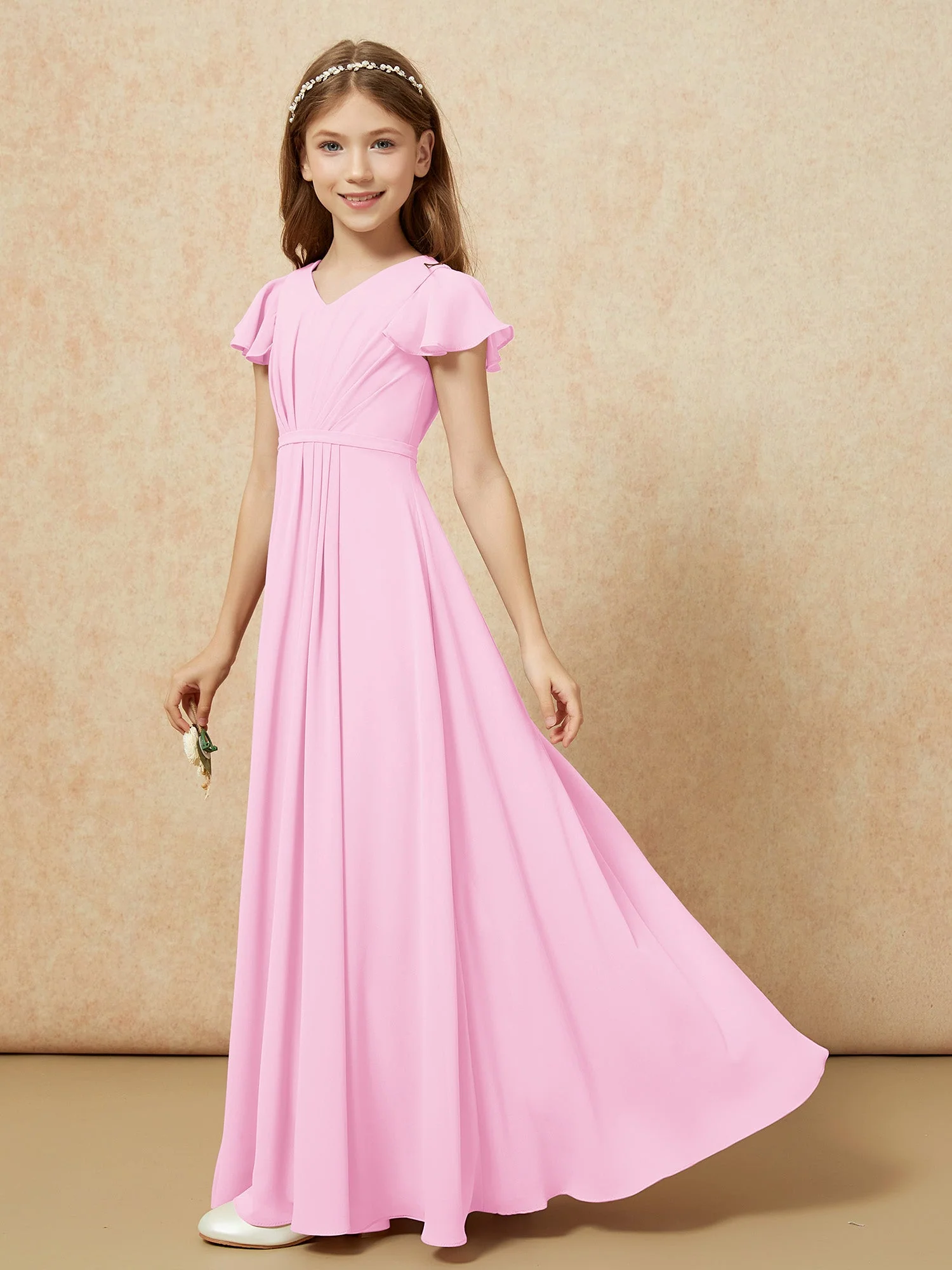 Flatterärmel V-Ausschnitt Chiffon Junge Brautjungfernkleider Bonbonrosa - Image 3