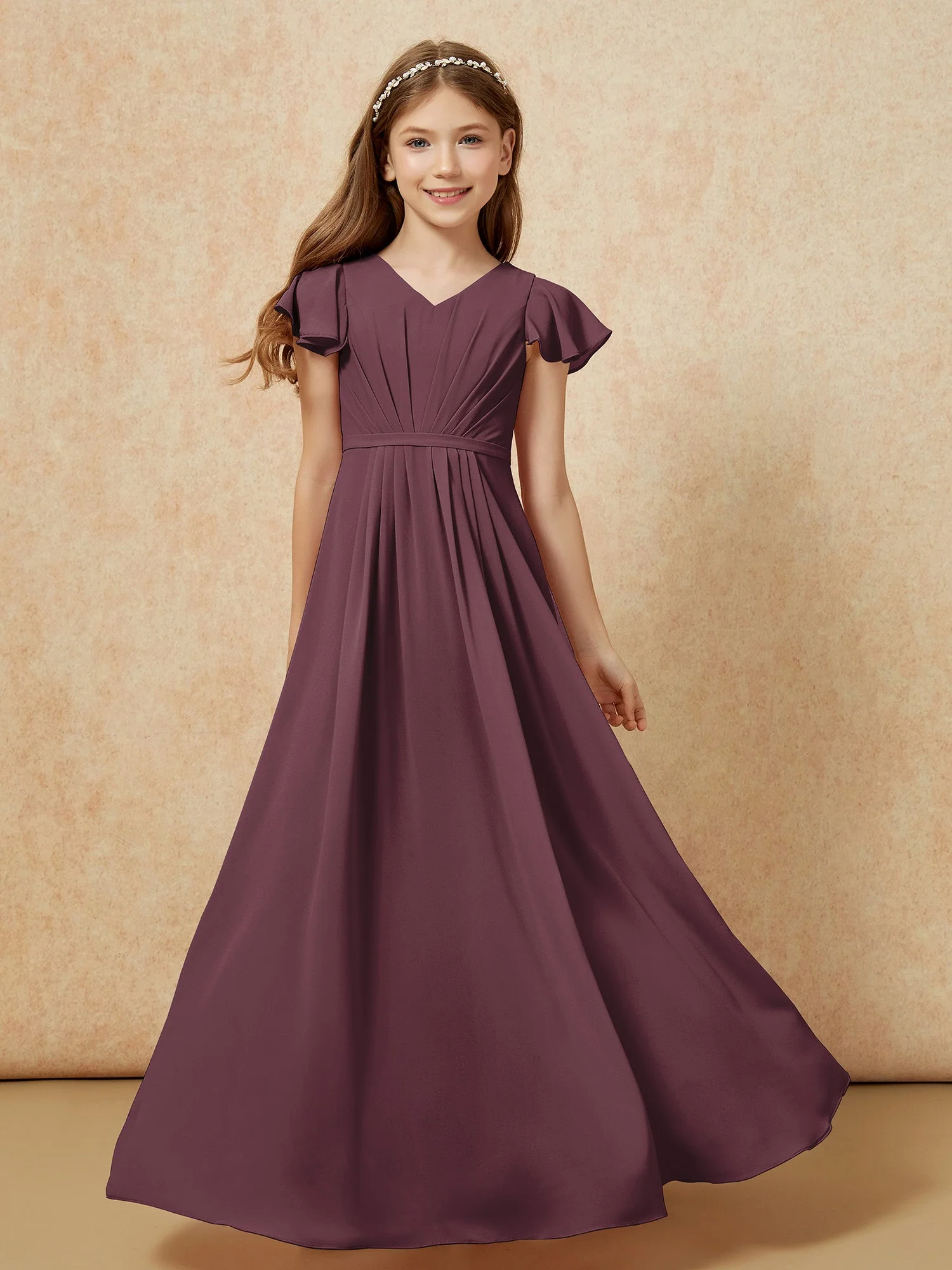 FlatterÀrmel V-Ausschnitt Chiffon Junge Brautjungfernkleider Cabernet