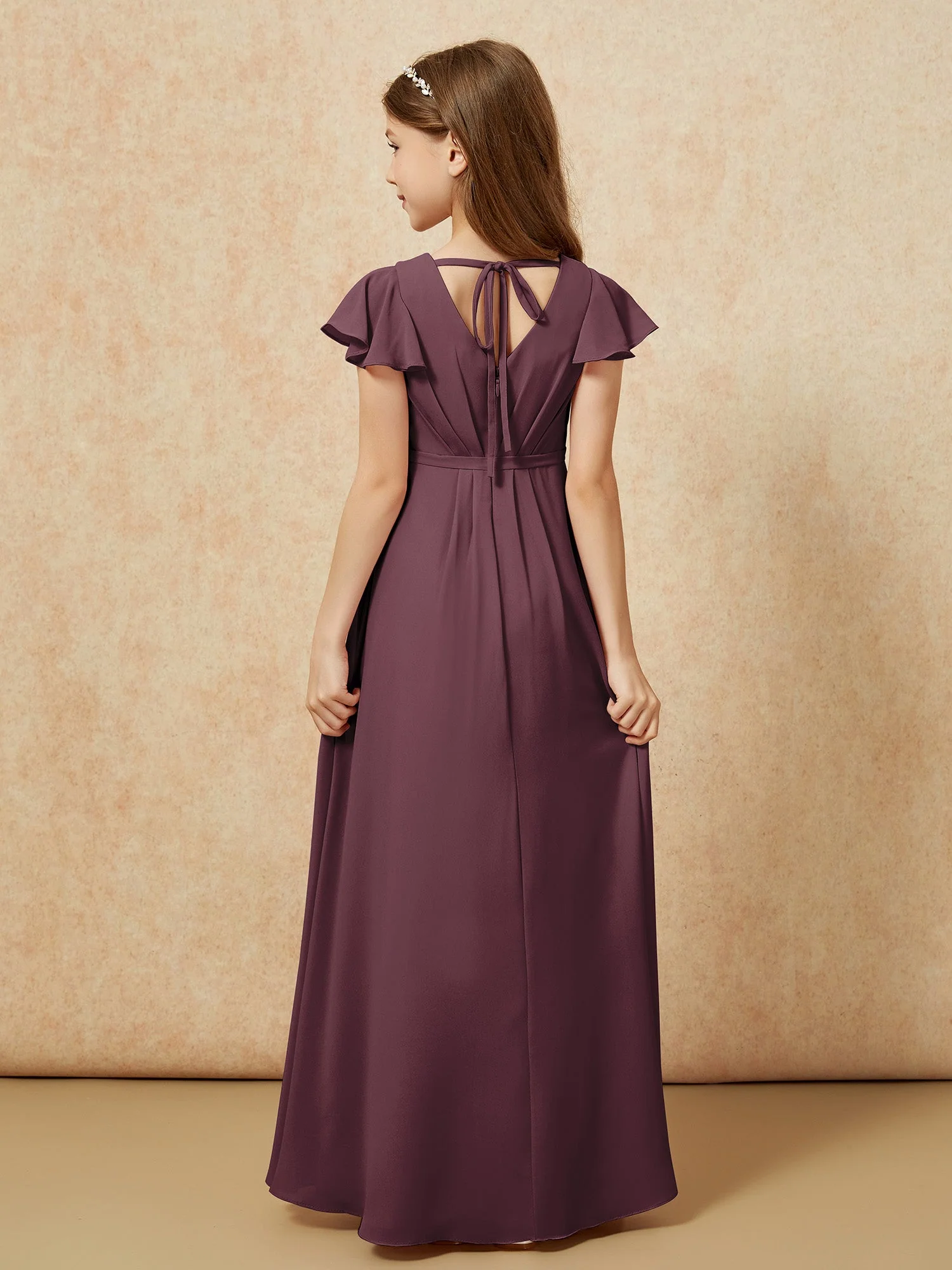 FlatterÀrmel V-Ausschnitt Chiffon Junge Brautjungfernkleider Cabernet - Image 2
