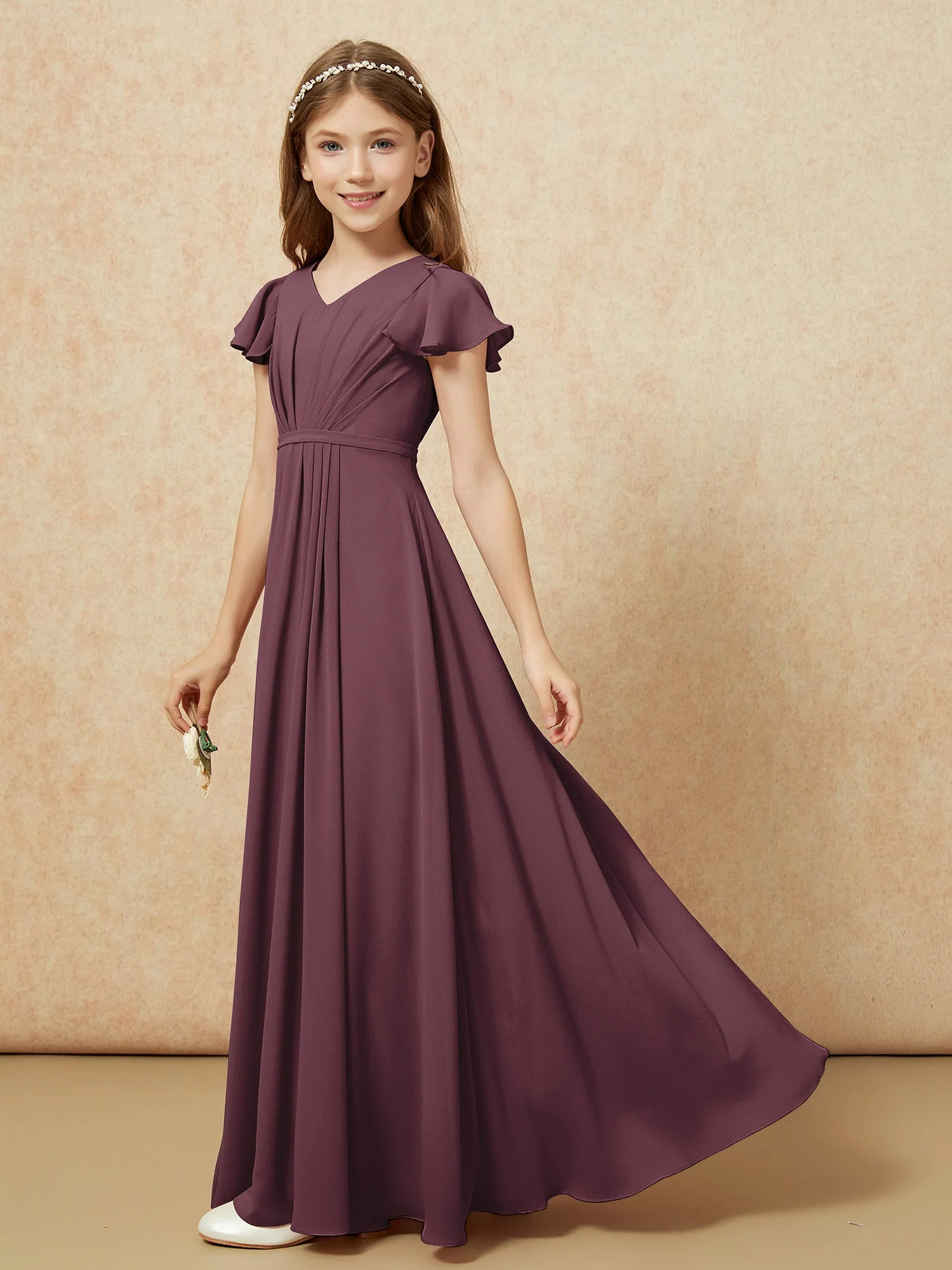 FlatterÀrmel V-Ausschnitt Chiffon Junge Brautjungfernkleider Cabernet - Image 3