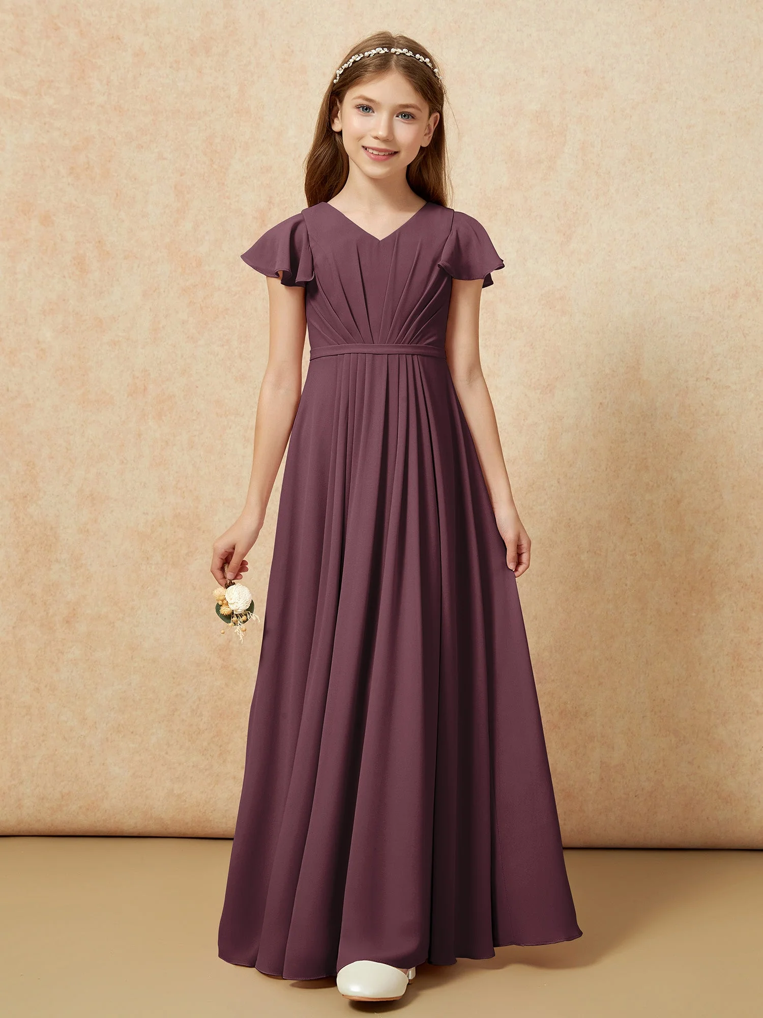 FlatterÀrmel V-Ausschnitt Chiffon Junge Brautjungfernkleider Cabernet - Image 6