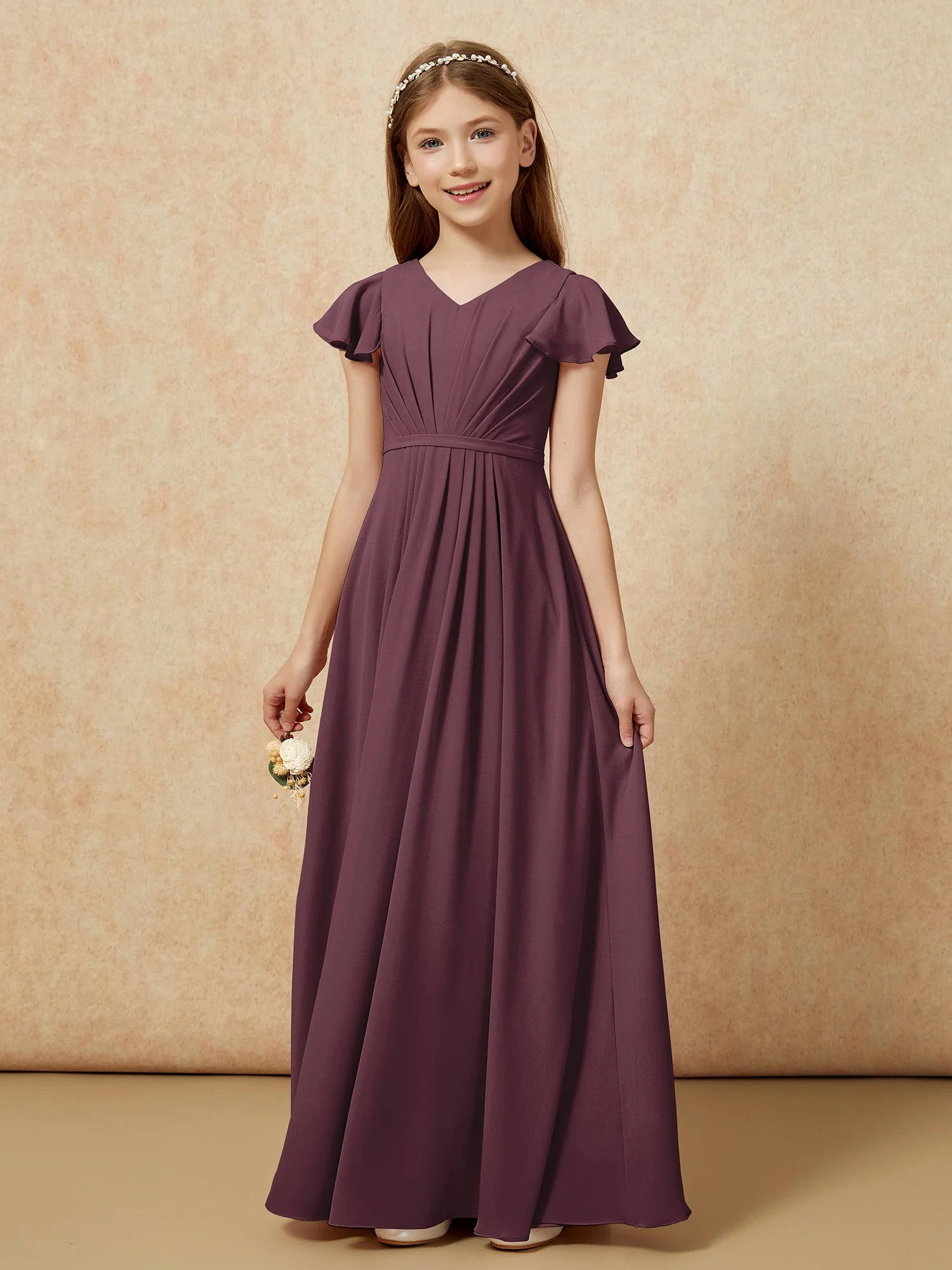 FlatterÀrmel V-Ausschnitt Chiffon Junge Brautjungfernkleider Cabernet - Image 7