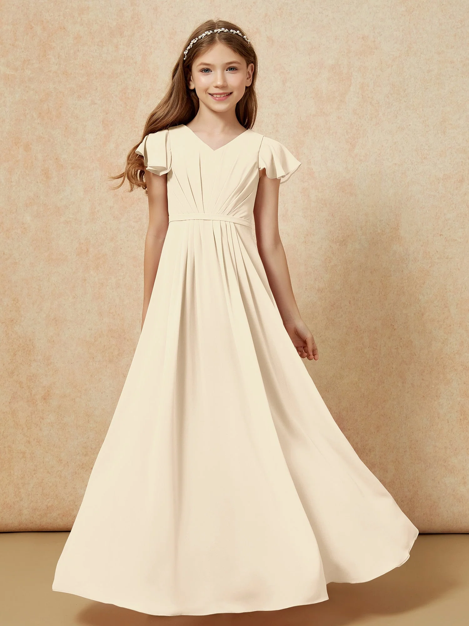 Flatterärmel V-Ausschnitt Chiffon Junge Brautjungfernkleider Champagner