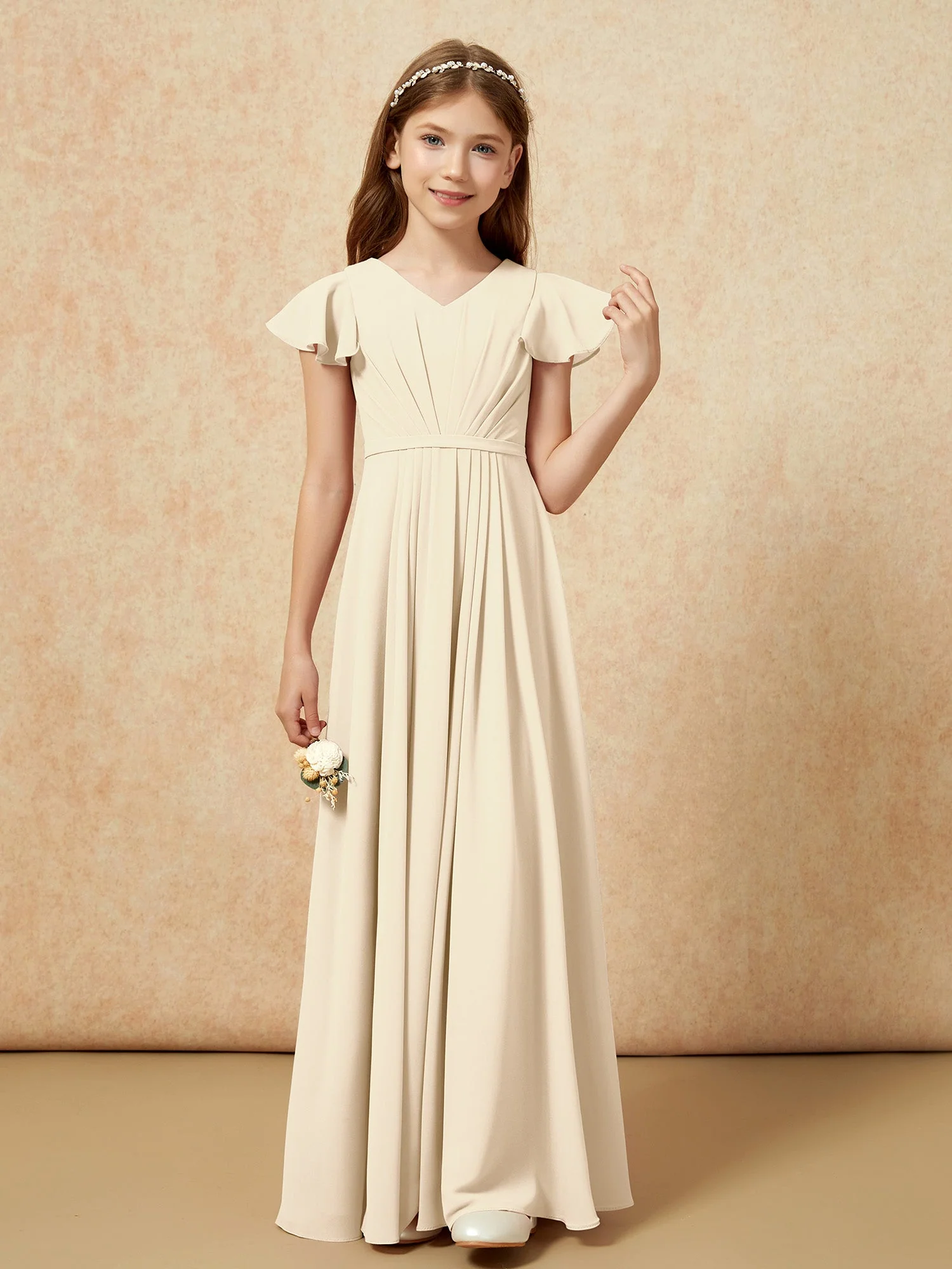 Flatterärmel V-Ausschnitt Chiffon Junge Brautjungfernkleider Champagner - Image 4