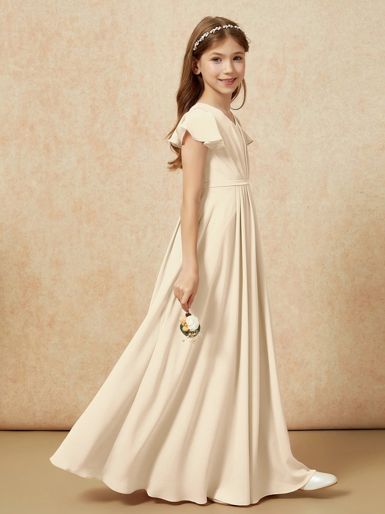 Flatterärmel V-Ausschnitt Chiffon Junge Brautjungfernkleider Champagner - Image 5