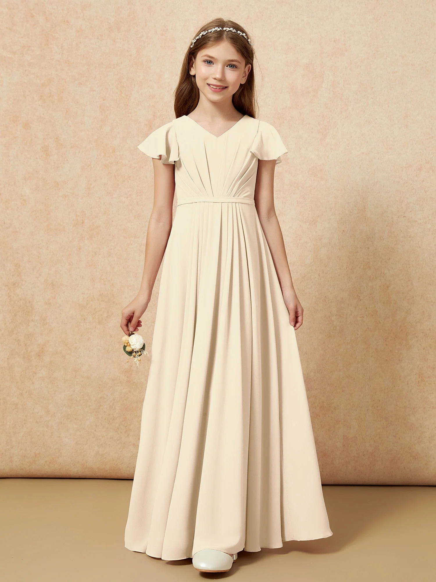 Flatterärmel V-Ausschnitt Chiffon Junge Brautjungfernkleider Champagner - Image 6
