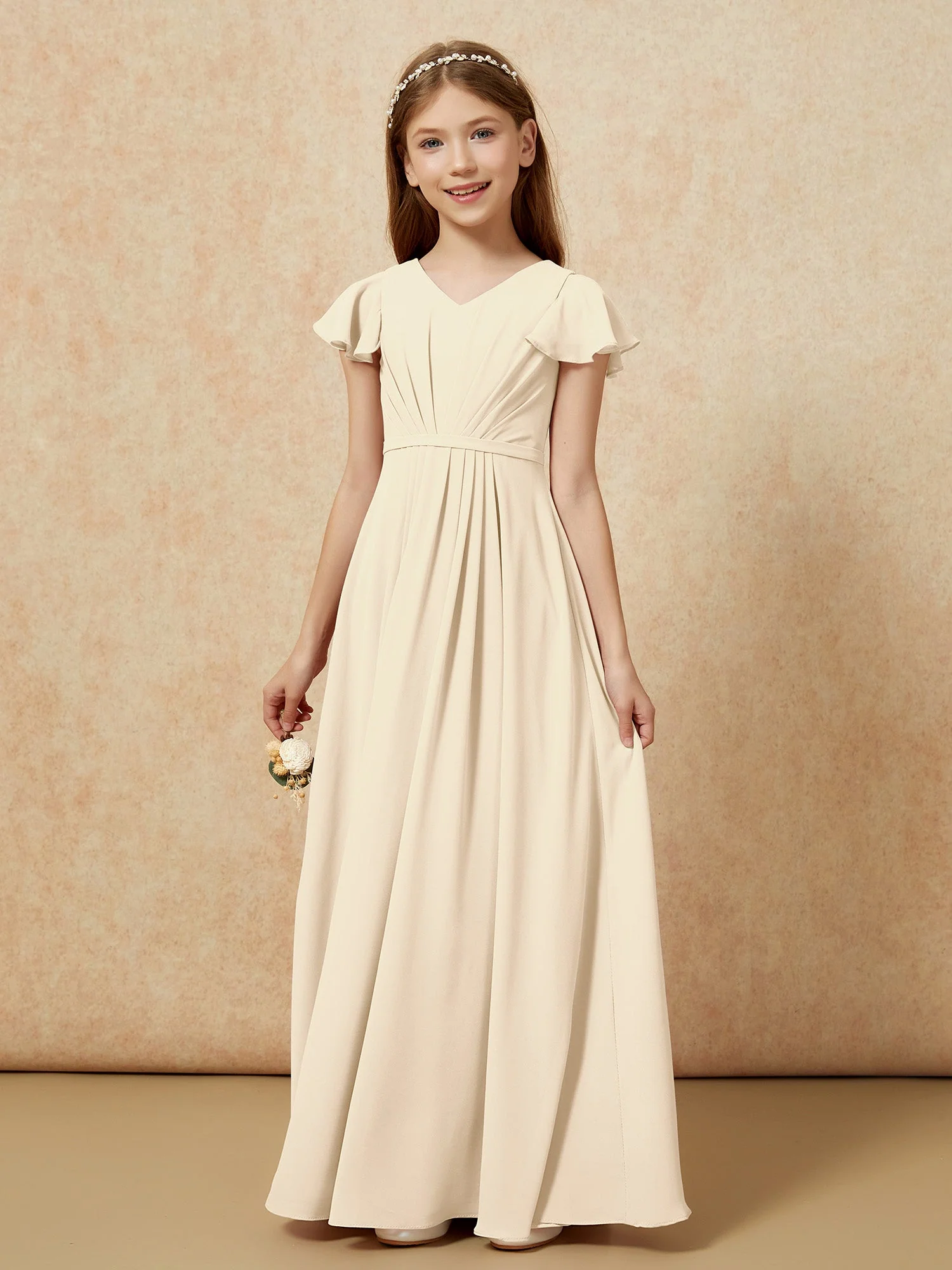 Flatterärmel V-Ausschnitt Chiffon Junge Brautjungfernkleider Champagner - Image 7