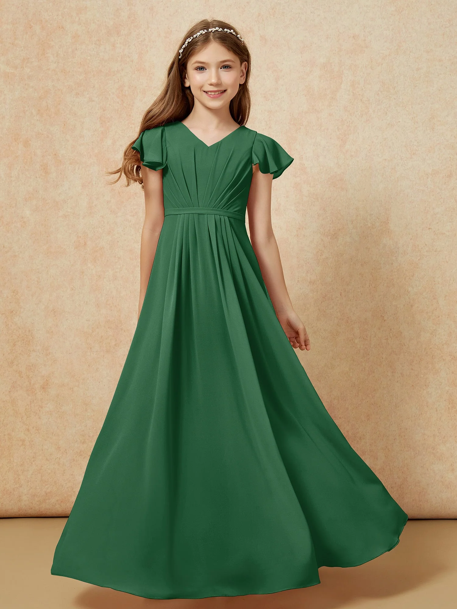 Flatterärmel V-Ausschnitt Chiffon Junge Brautjungfernkleider Dunkelgrün