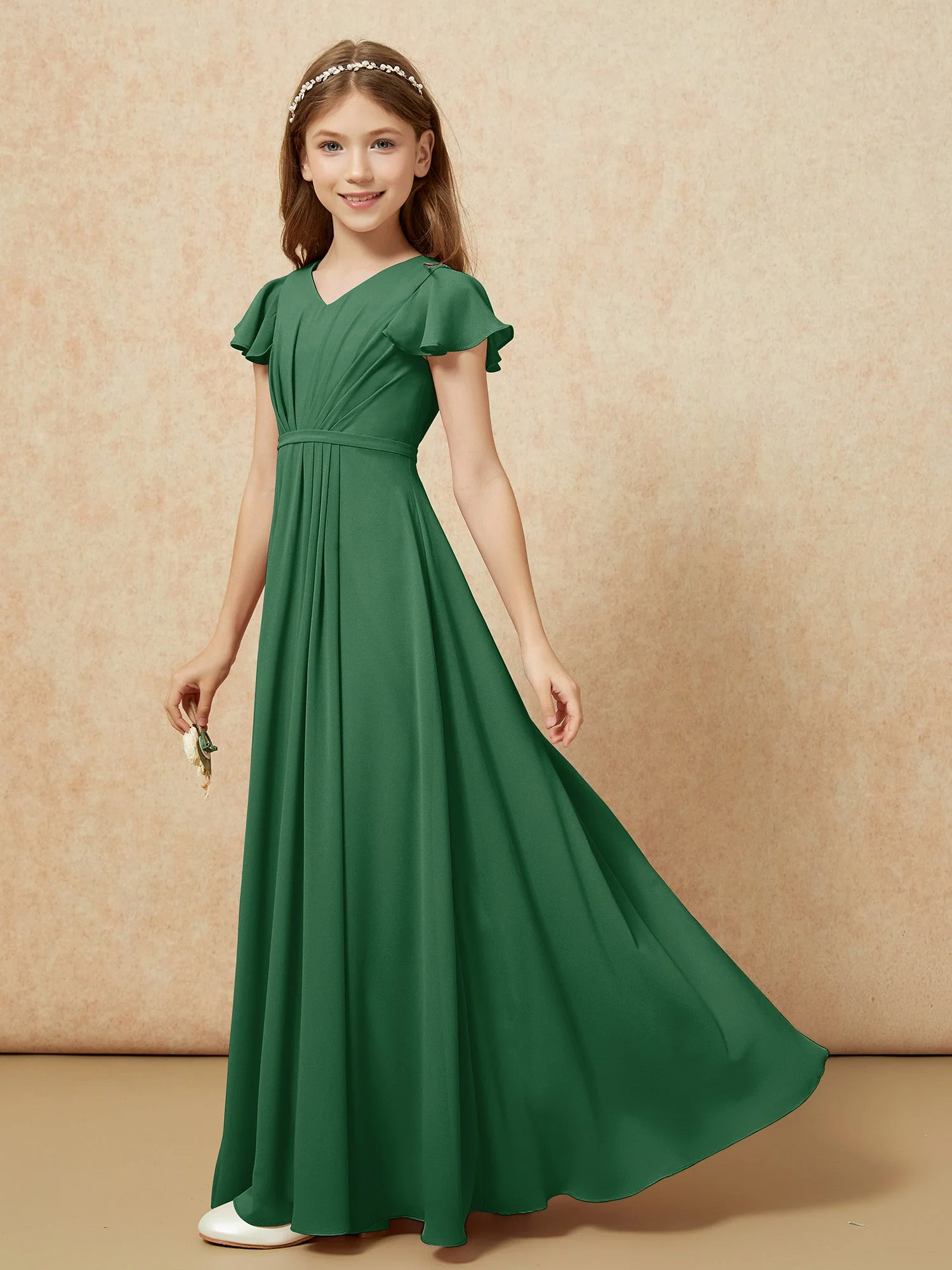 Flatterärmel V-Ausschnitt Chiffon Junge Brautjungfernkleider Dunkelgrün - Image 3