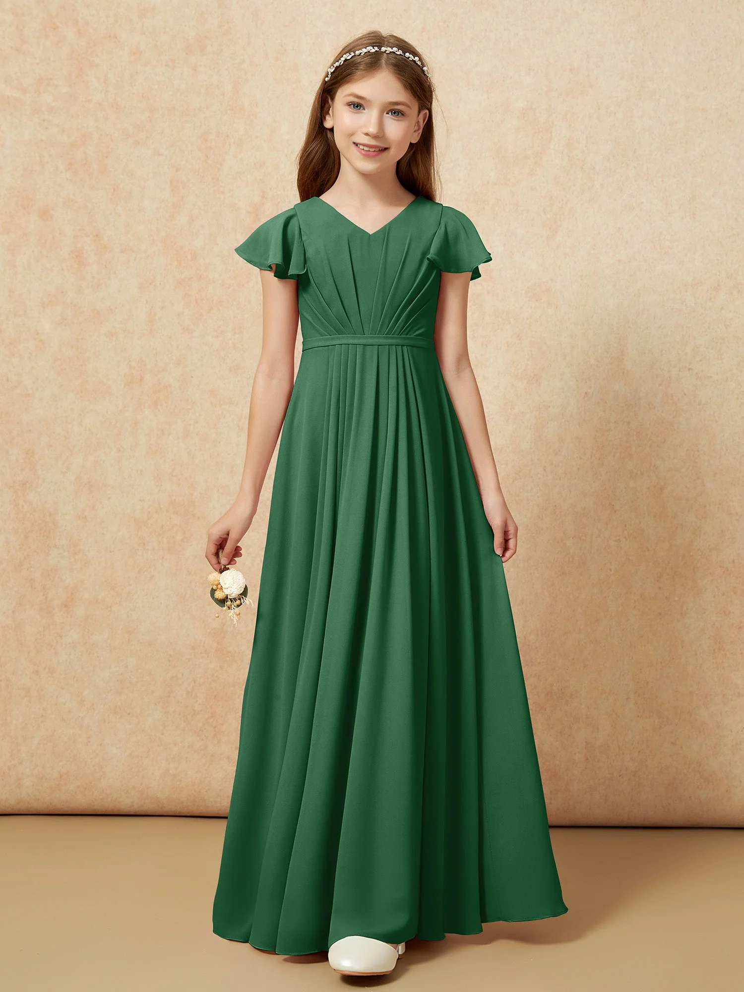 Flatterärmel V-Ausschnitt Chiffon Junge Brautjungfernkleider Dunkelgrün - Image 6