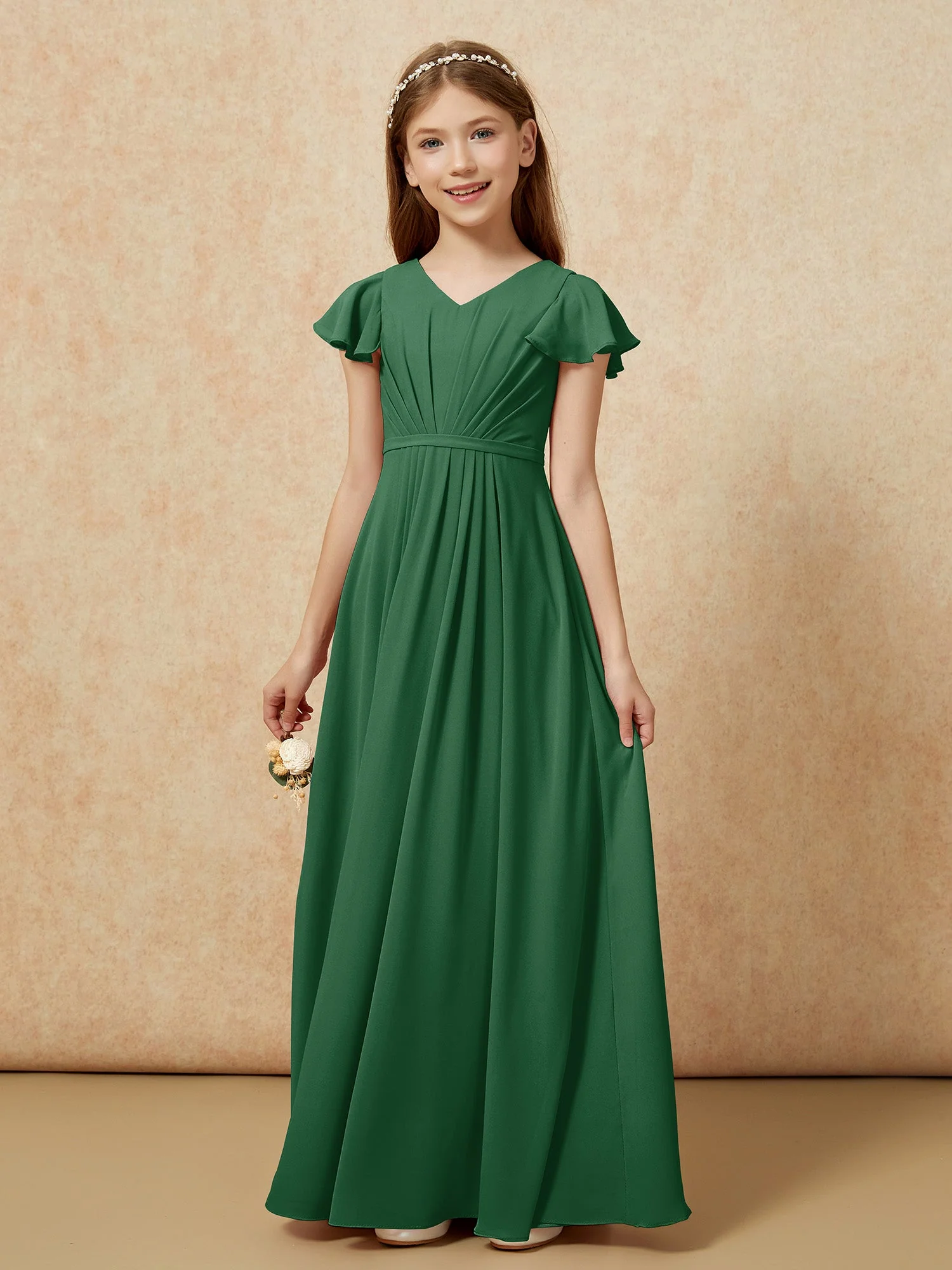 Flatterärmel V-Ausschnitt Chiffon Junge Brautjungfernkleider Dunkelgrün - Image 7