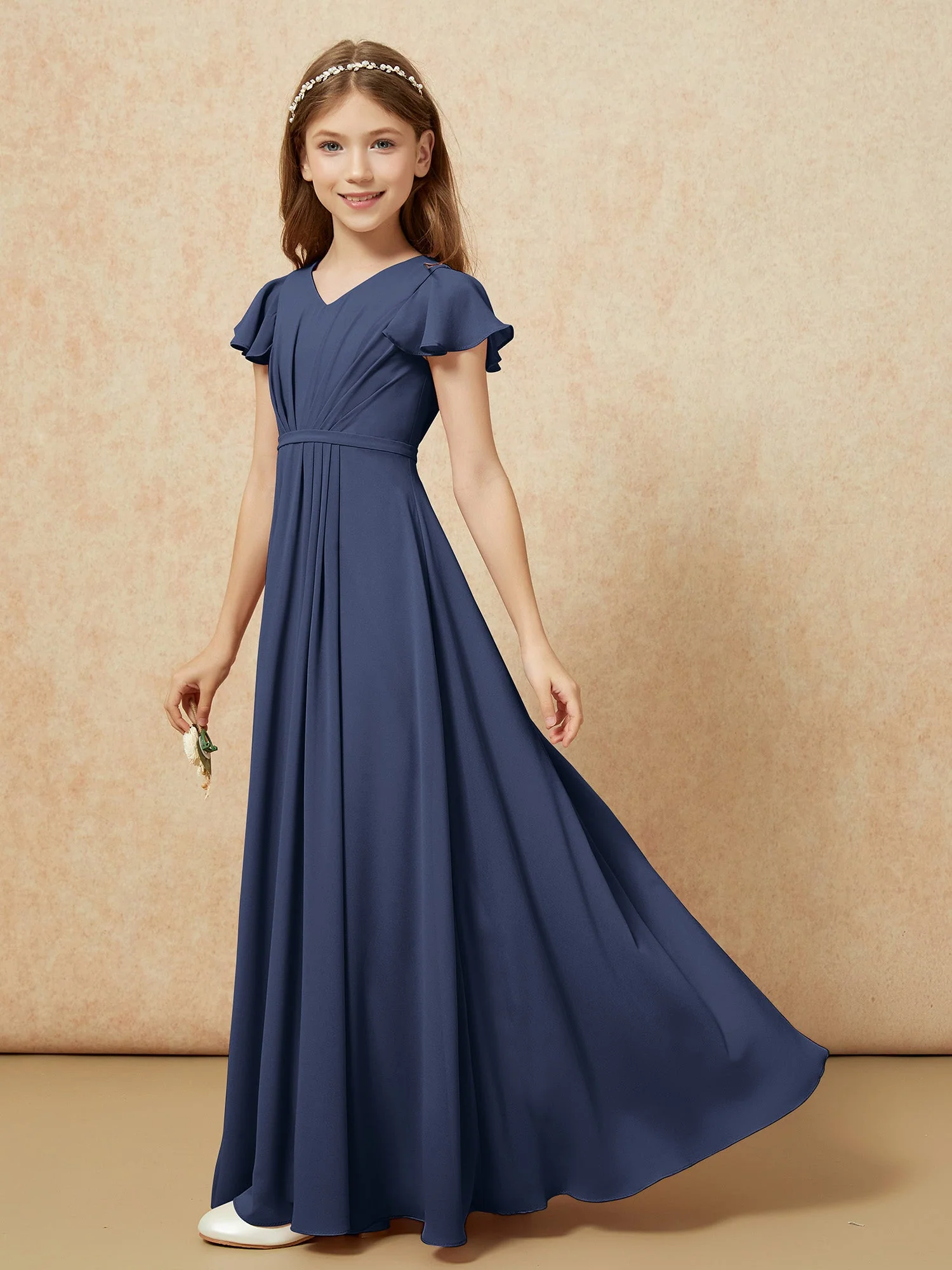 FlatterÀrmel V-Ausschnitt Chiffon Junge Brautjungfernkleider Dunkelmarine - Image 3