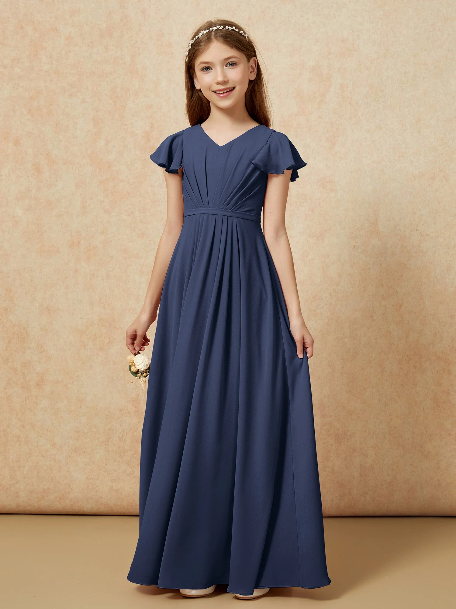 FlatterÀrmel V-Ausschnitt Chiffon Junge Brautjungfernkleider Dunkelmarine - Image 7