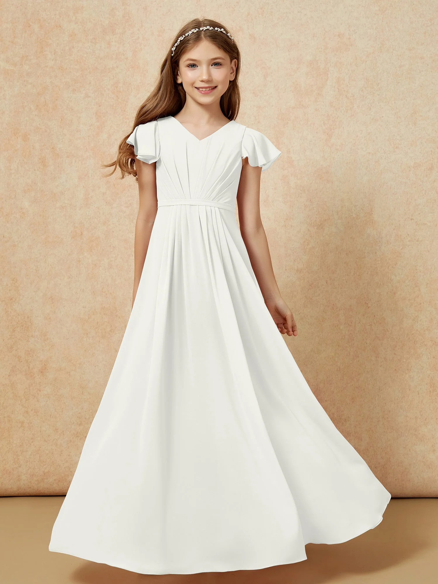 FlatterÀrmel V-Ausschnitt Chiffon Junge Brautjungfernkleider Elfenbein