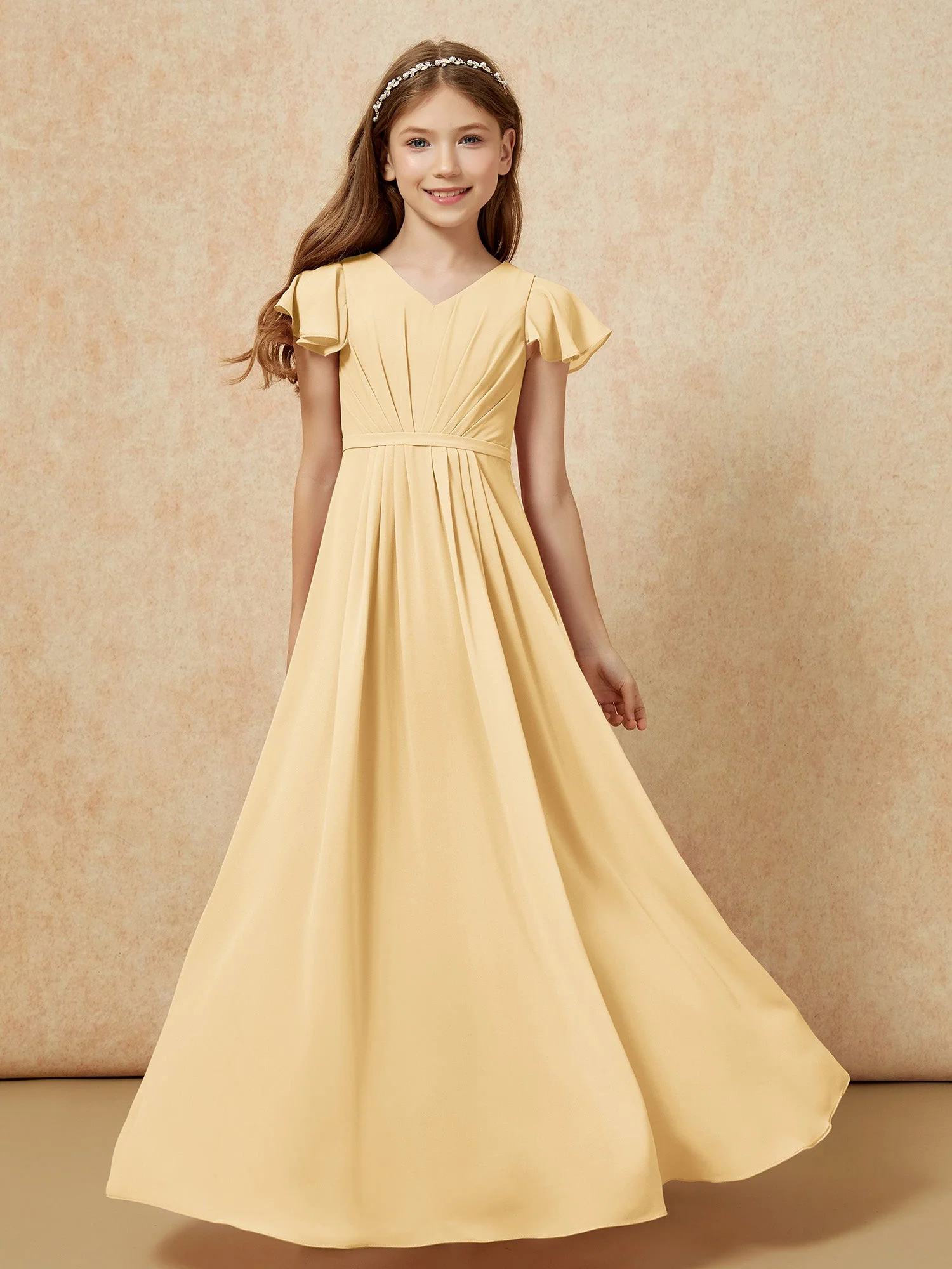 FlatterÀrmel V-Ausschnitt Chiffon Junge Brautjungfernkleider Gold
