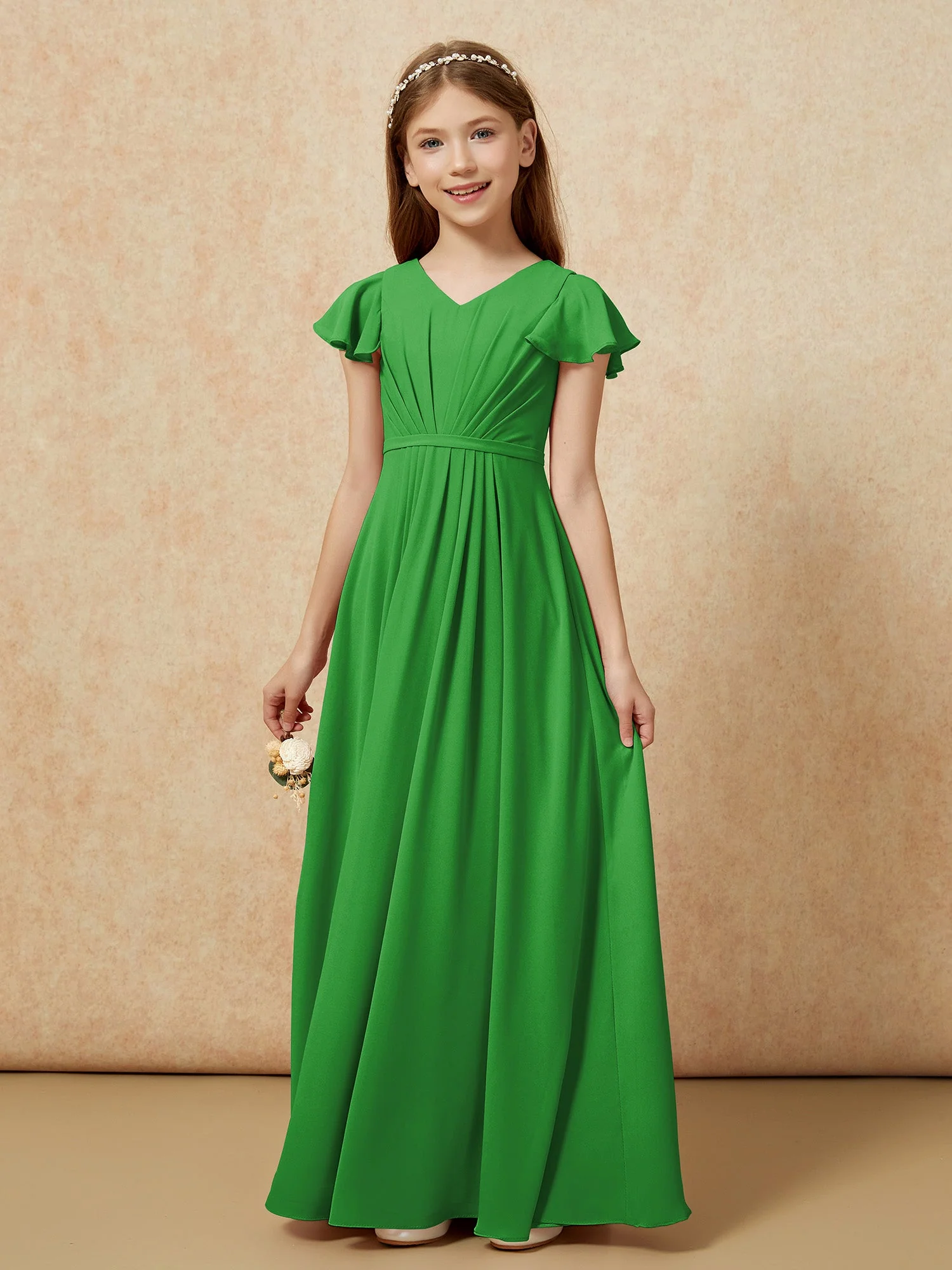 Flatterärmel V-Ausschnitt Chiffon Junge Brautjungfernkleider Grün - Image 7