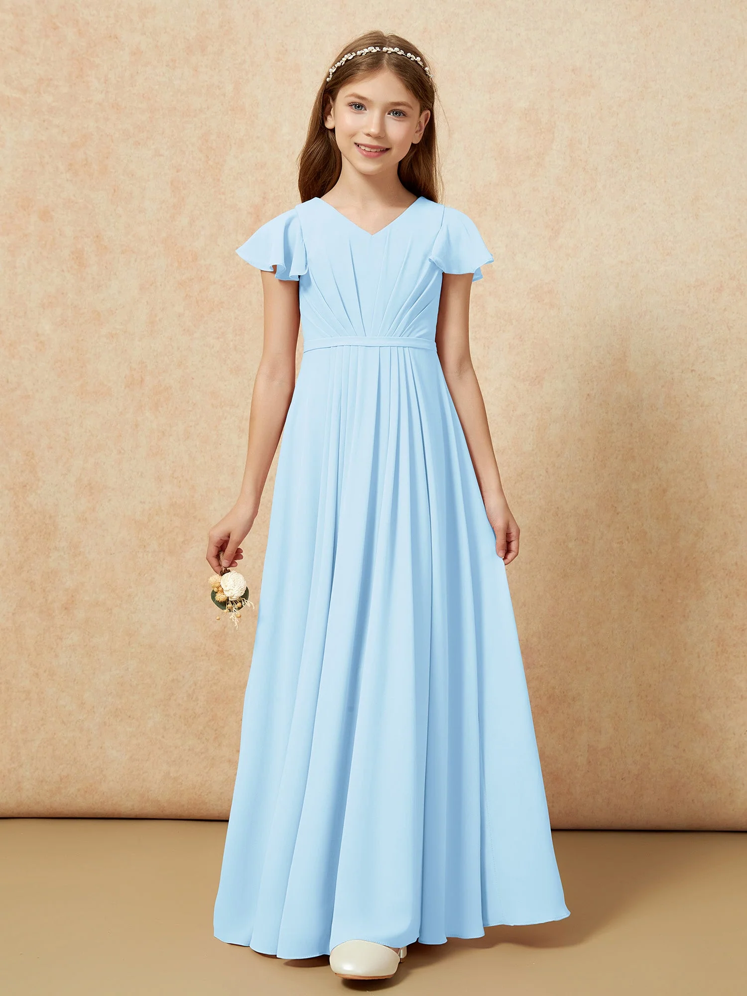 Flatterärmel V-Ausschnitt Chiffon Junge Brautjungfernkleider Himmelblau - Image 6