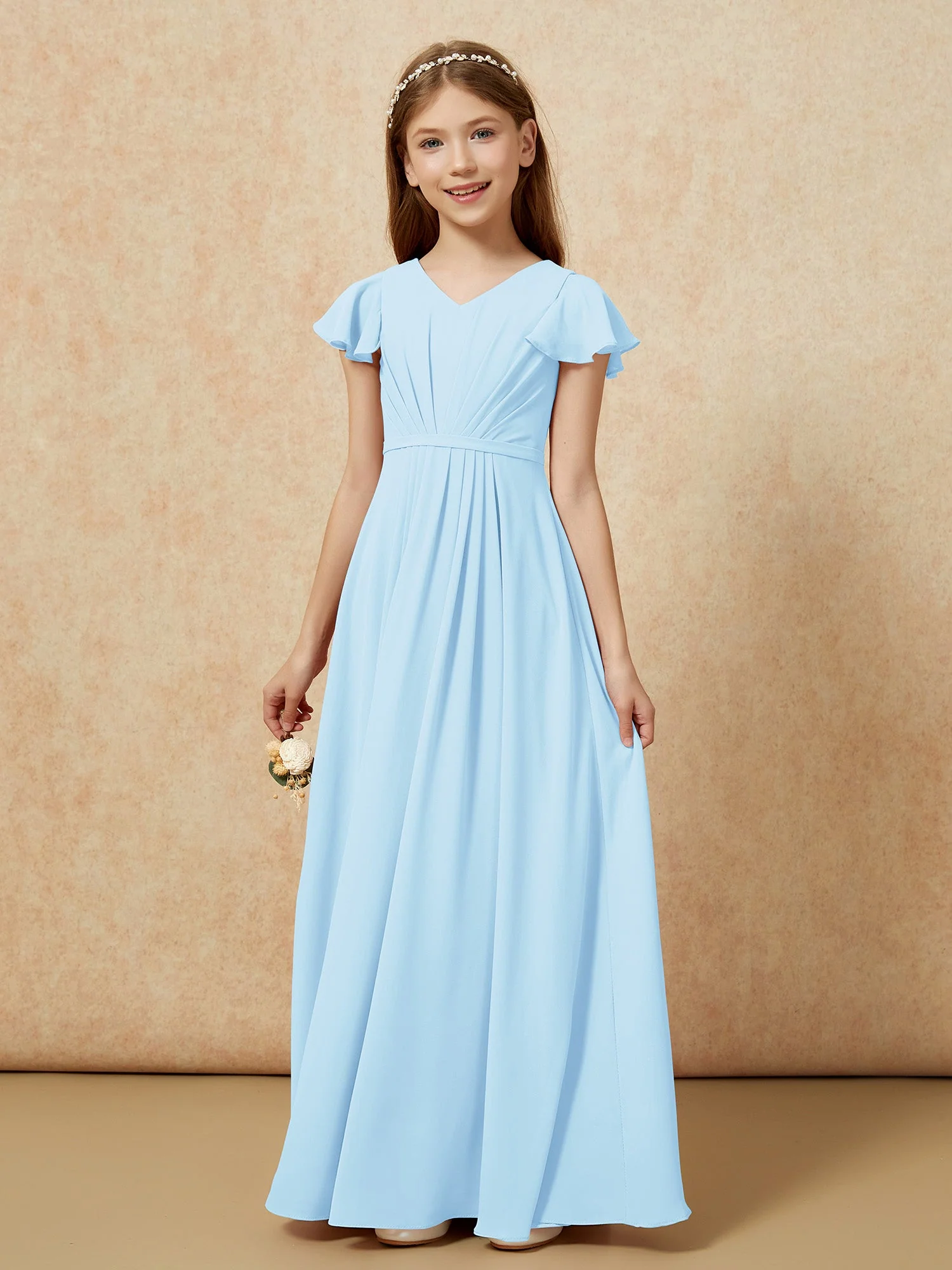 Flatterärmel V-Ausschnitt Chiffon Junge Brautjungfernkleider Himmelblau - Image 7