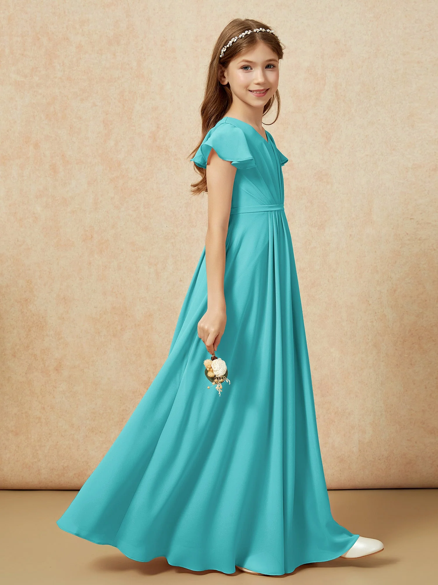 Flatterärmel V-Ausschnitt Chiffon Junge Brautjungfernkleider Jade - Image 5