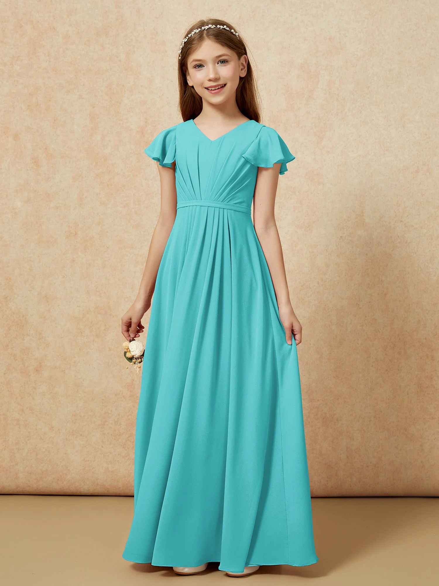 Flatterärmel V-Ausschnitt Chiffon Junge Brautjungfernkleider Jade - Image 7