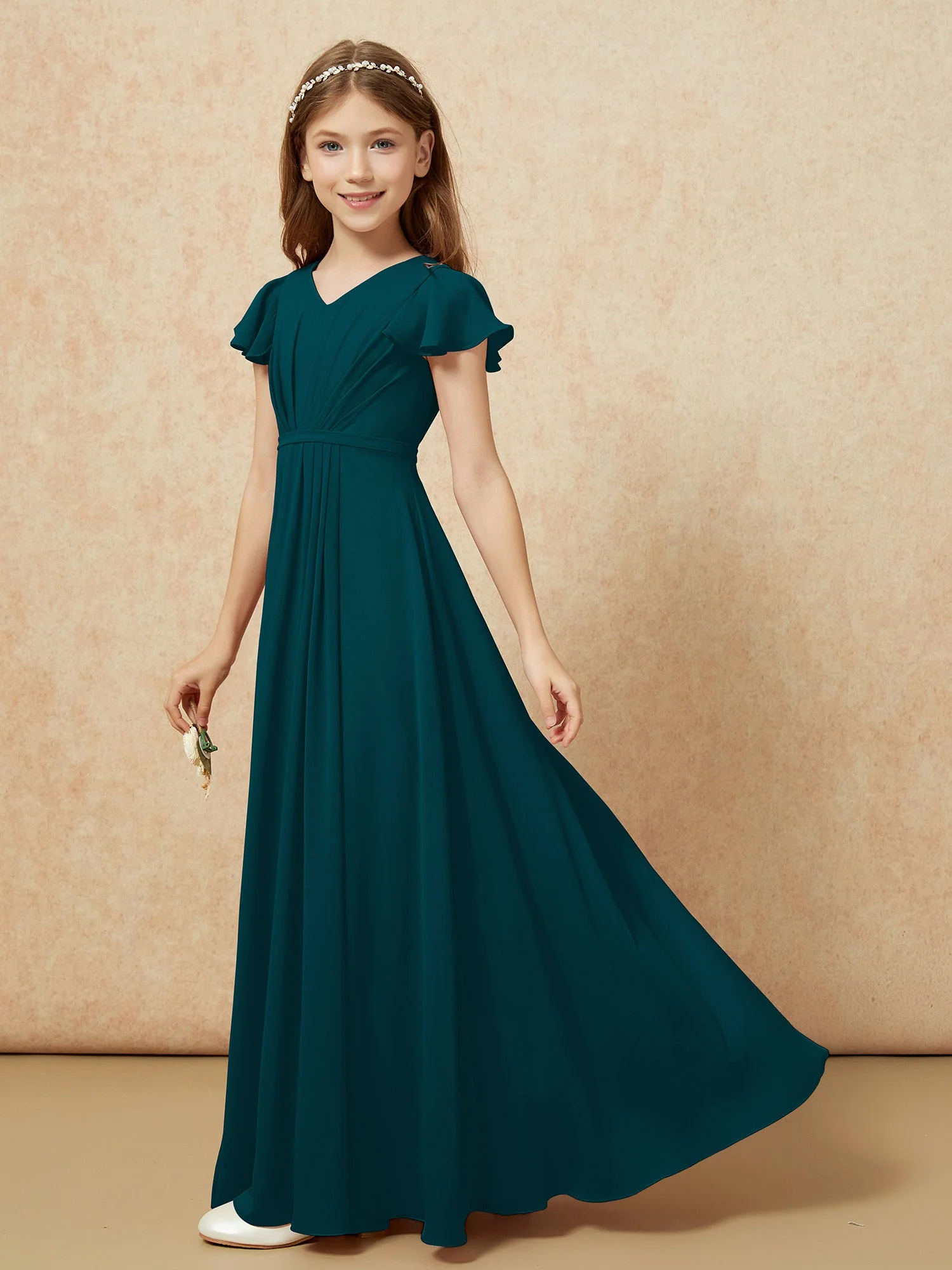 Flatterärmel V-Ausschnitt Chiffon Junge Brautjungfernkleider Kieferngrün - Image 3
