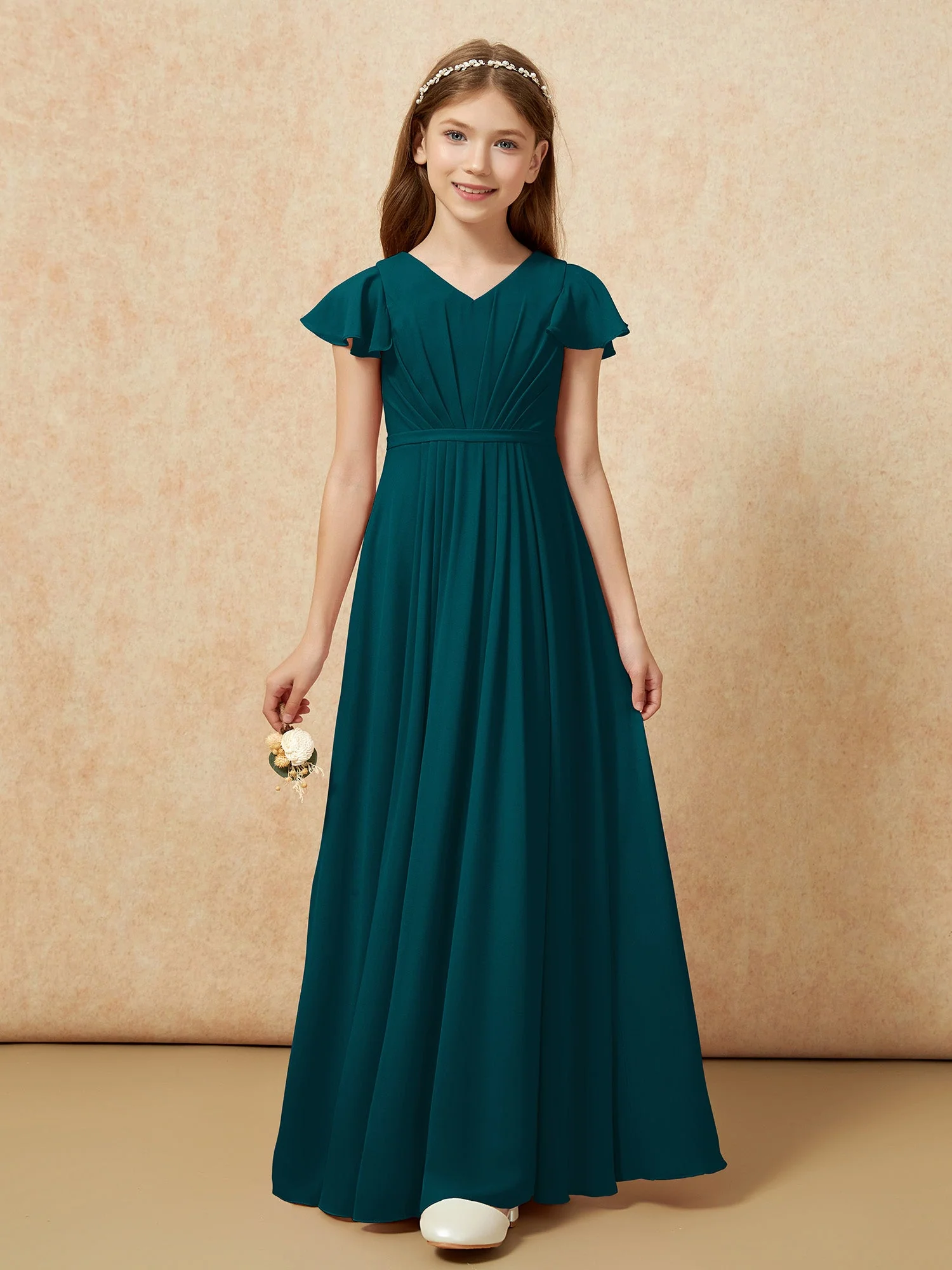 Flatterärmel V-Ausschnitt Chiffon Junge Brautjungfernkleider Kieferngrün - Image 6