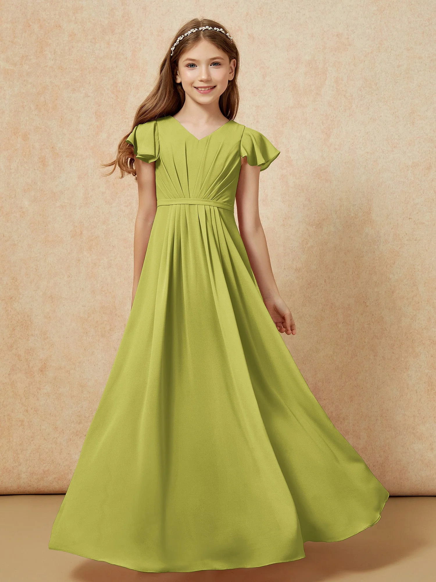 Flatterärmel V-Ausschnitt Chiffon Junge Brautjungfernkleider Kleegrün