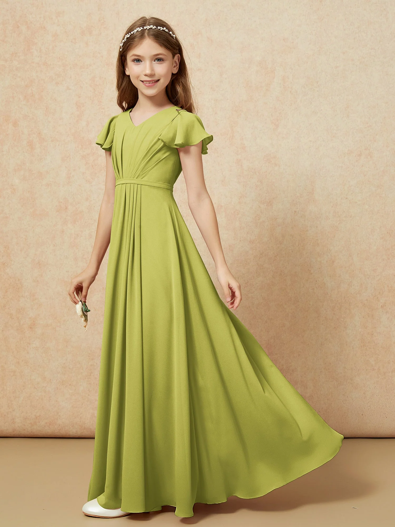 Flatterärmel V-Ausschnitt Chiffon Junge Brautjungfernkleider Kleegrün - Image 3