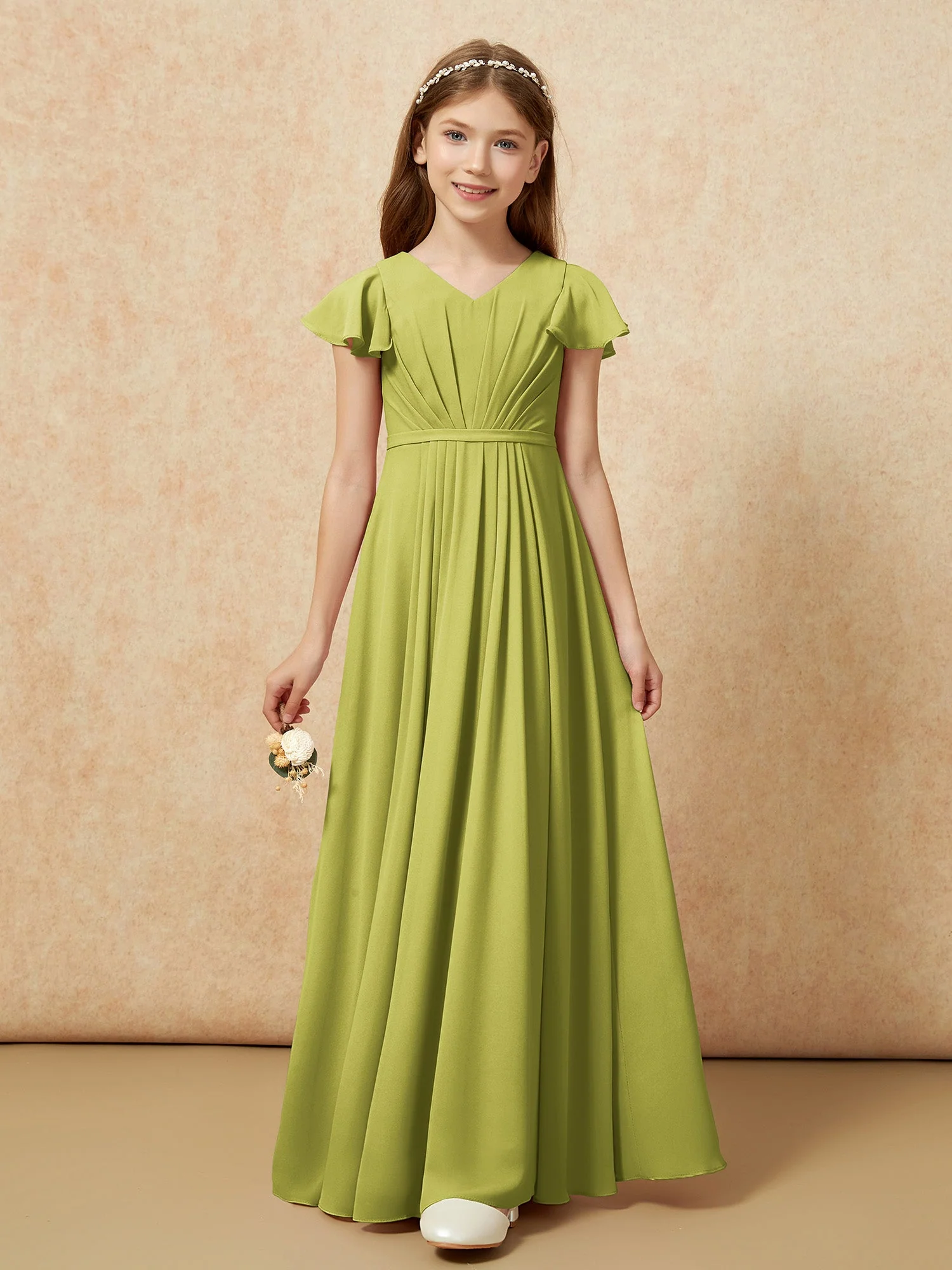 Flatterärmel V-Ausschnitt Chiffon Junge Brautjungfernkleider Kleegrün - Image 6