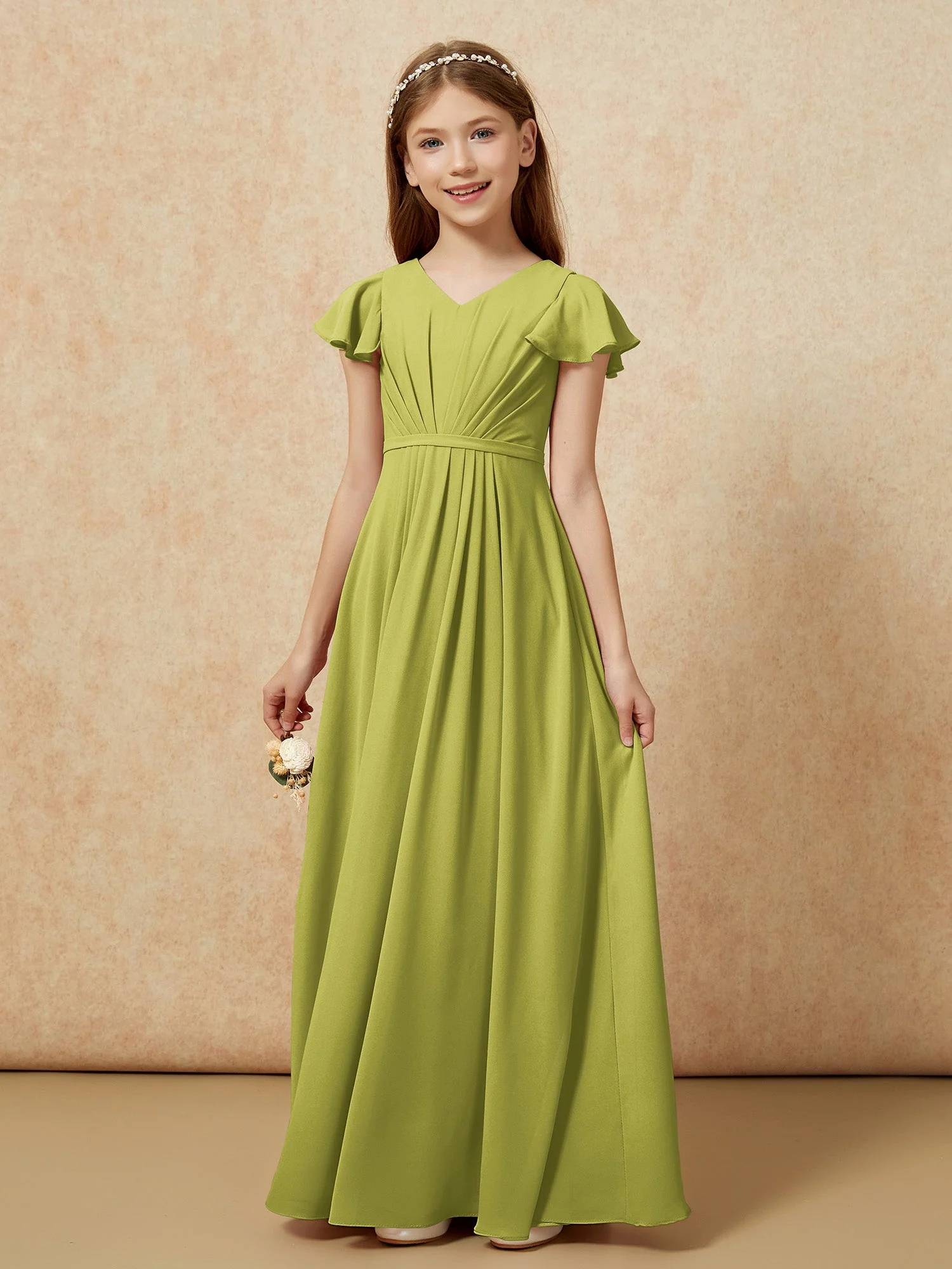 Flatterärmel V-Ausschnitt Chiffon Junge Brautjungfernkleider Kleegrün - Image 7