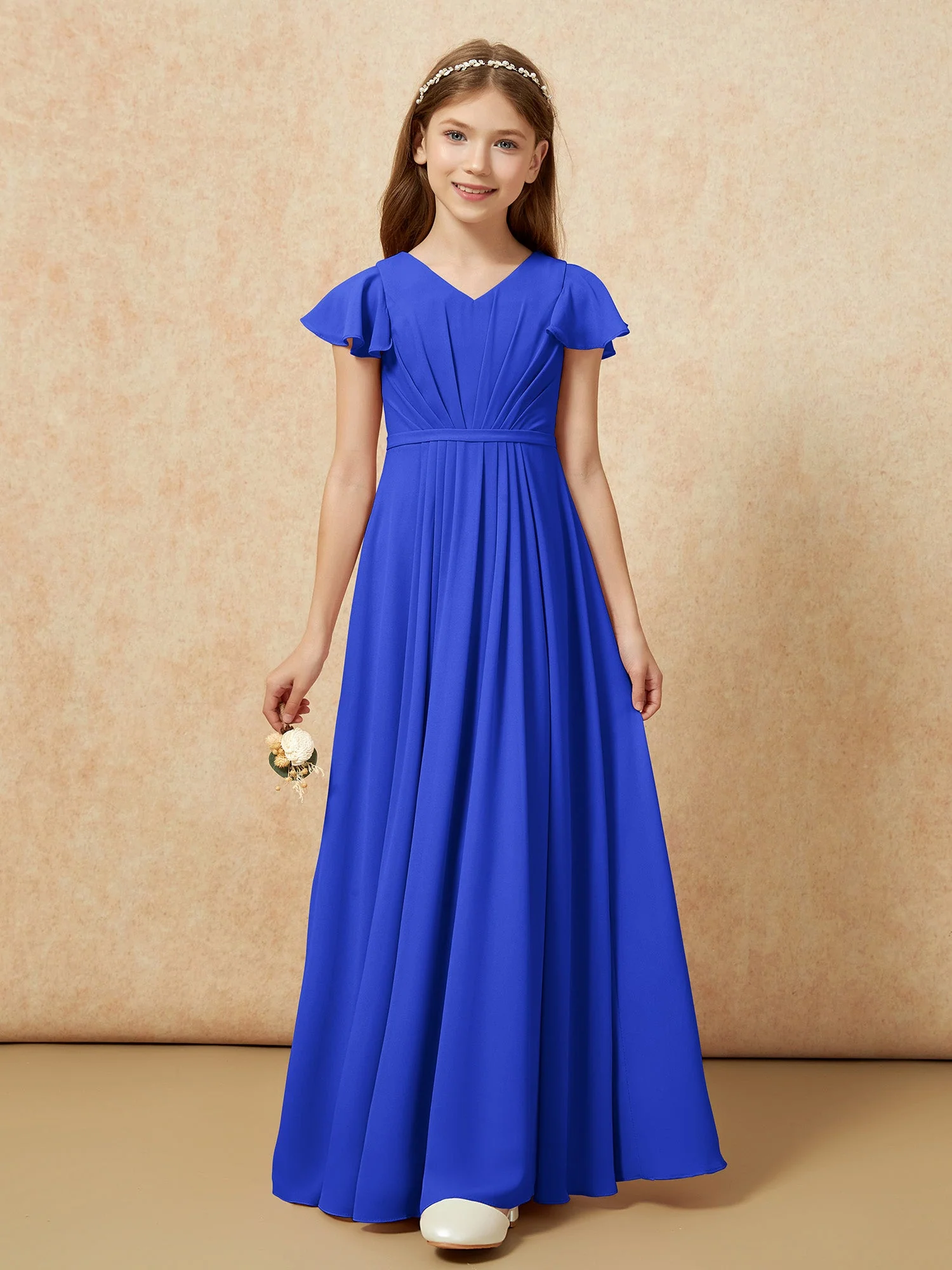 Flatterärmel V-Ausschnitt Chiffon Junge Brautjungfernkleider Königsblau - Image 6