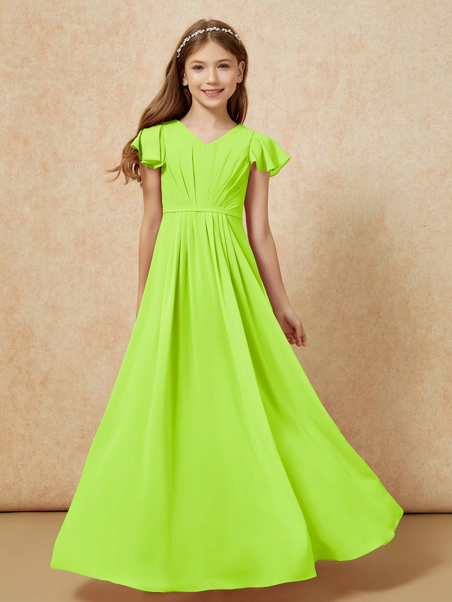 Flatterärmel V-Ausschnitt Chiffon Junge Brautjungfernkleider Lindgrün