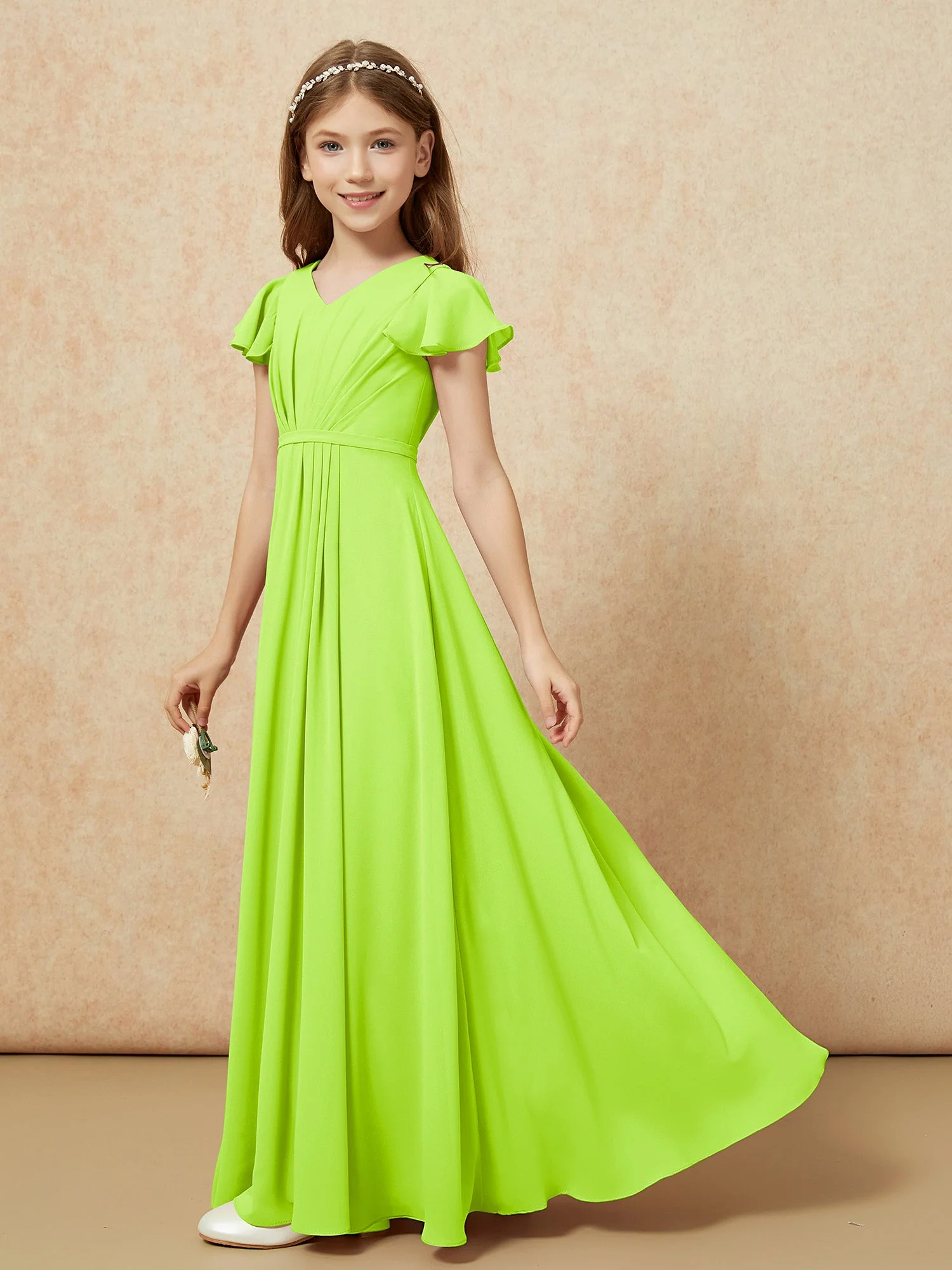 Flatterärmel V-Ausschnitt Chiffon Junge Brautjungfernkleider Lindgrün - Image 3