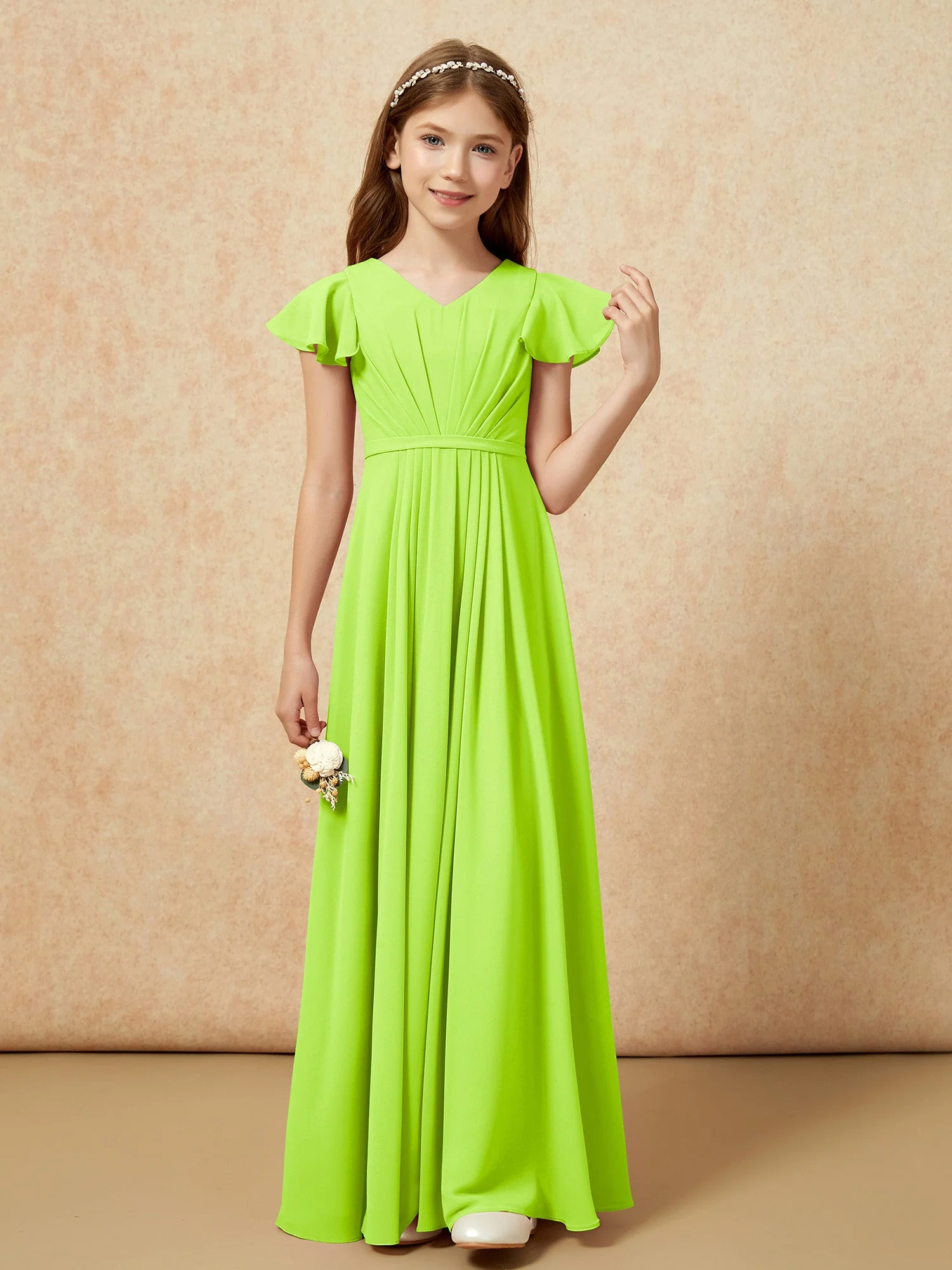 Flatterärmel V-Ausschnitt Chiffon Junge Brautjungfernkleider Lindgrün - Image 4