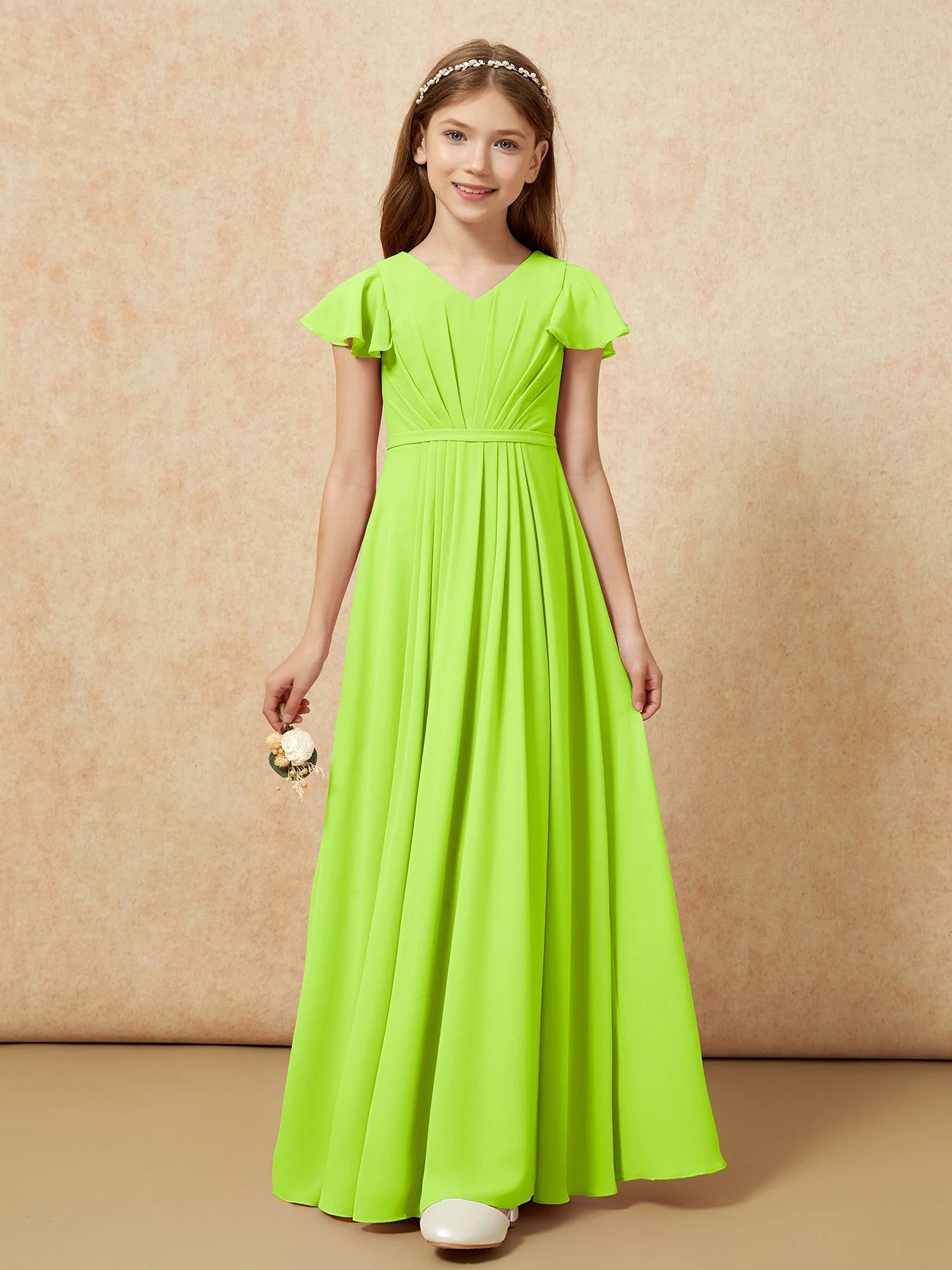 Flatterärmel V-Ausschnitt Chiffon Junge Brautjungfernkleider Lindgrün - Image 6