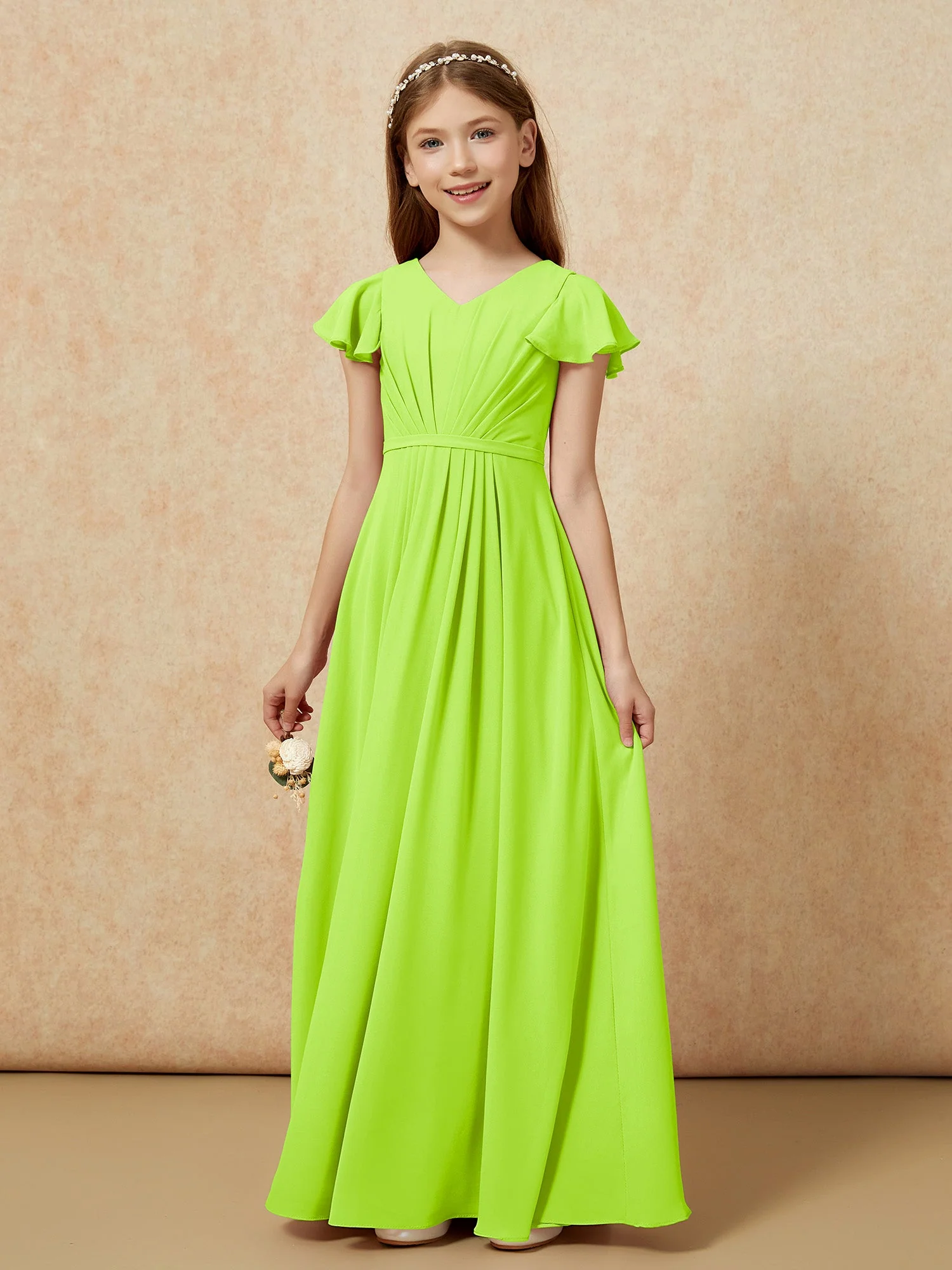 Flatterärmel V-Ausschnitt Chiffon Junge Brautjungfernkleider Lindgrün - Image 7