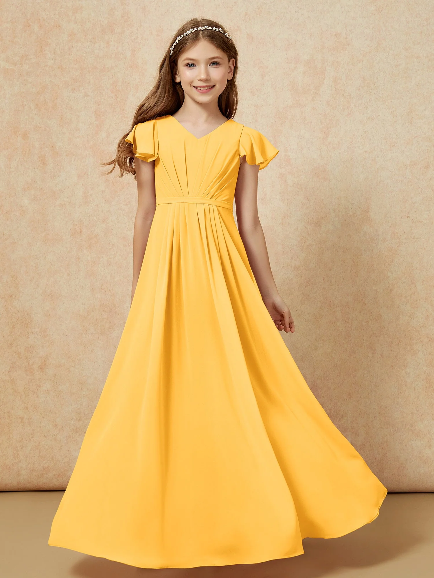 Flatterärmel V-Ausschnitt Chiffon Junge Brautjungfernkleider Mandarine