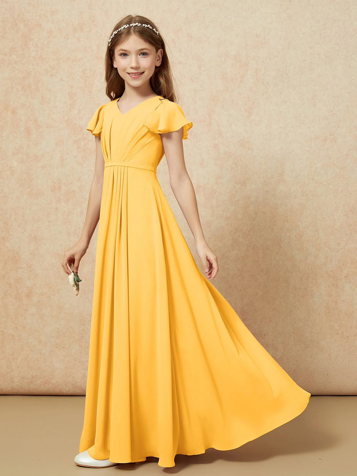 Flatterärmel V-Ausschnitt Chiffon Junge Brautjungfernkleider Mandarine - Image 3