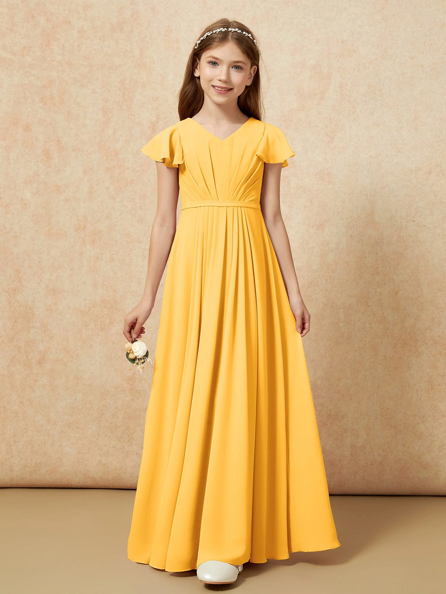 Flatterärmel V-Ausschnitt Chiffon Junge Brautjungfernkleider Mandarine - Image 6