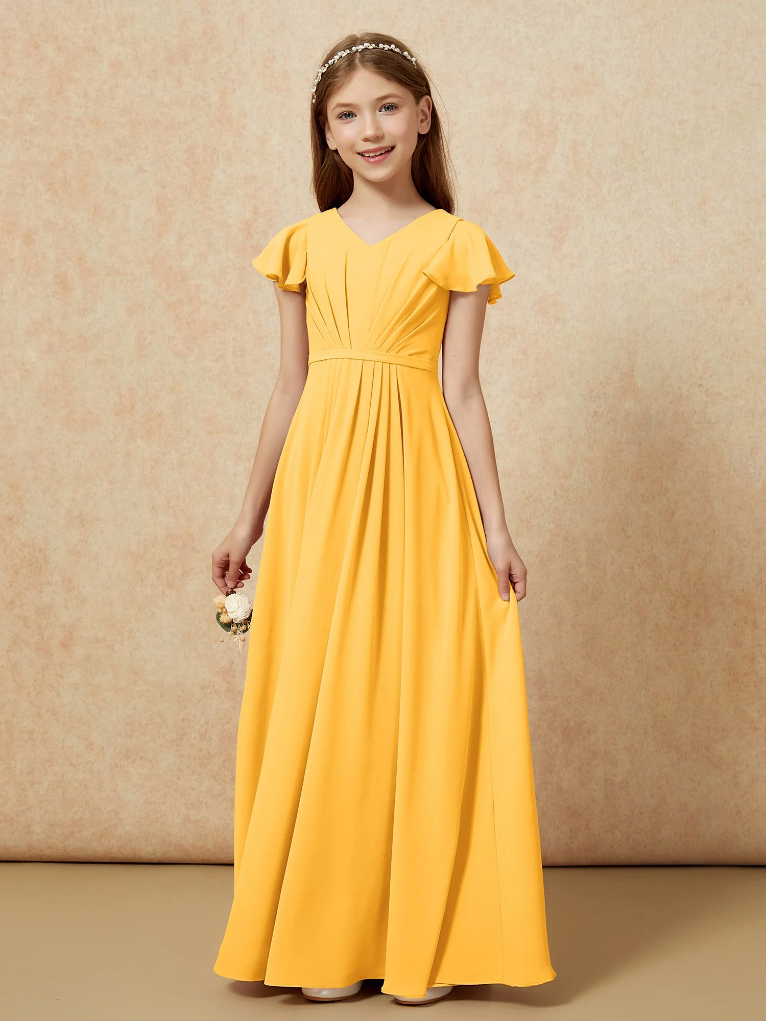 Flatterärmel V-Ausschnitt Chiffon Junge Brautjungfernkleider Mandarine - Image 7