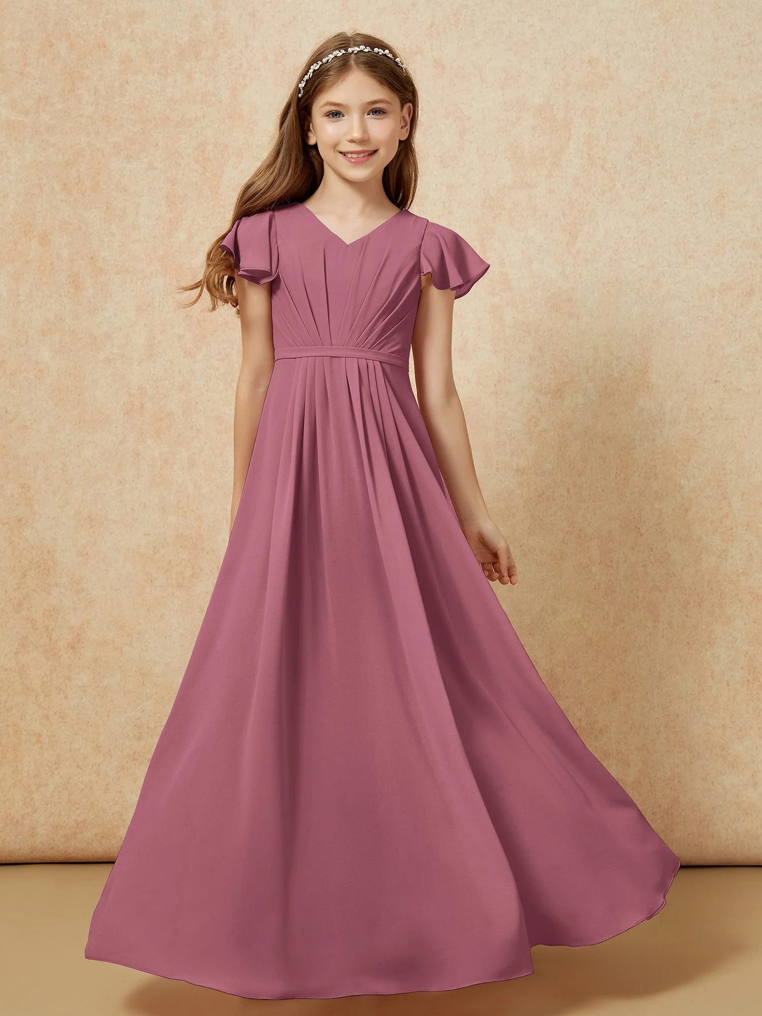 Flatterärmel V-Ausschnitt Chiffon Junge Brautjungfernkleider Maulbeere